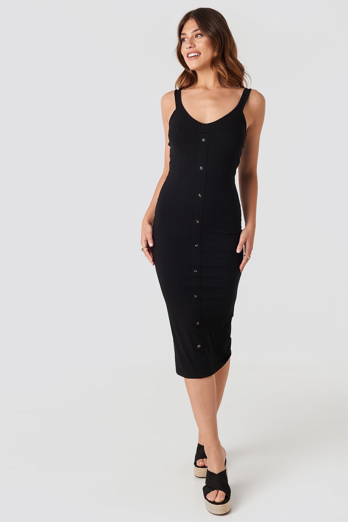 Button Up Ribbed Midi Dress Black