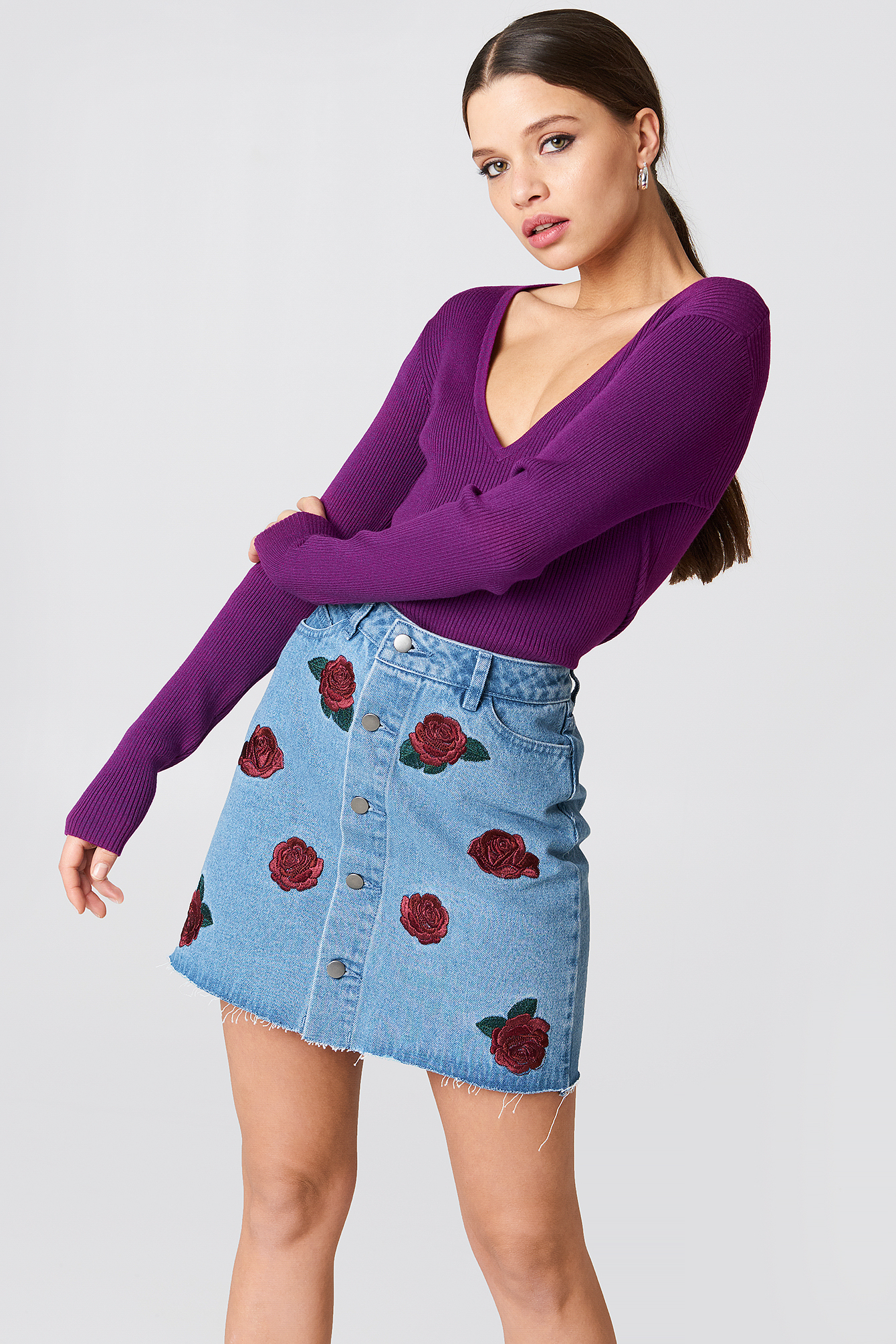 Button Up Rose Embroidery Skirt Mid Blue