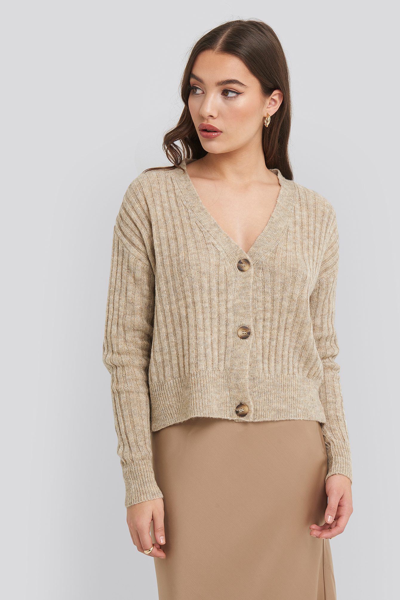 Button Up Ribbed Cropped Cardigan Beige