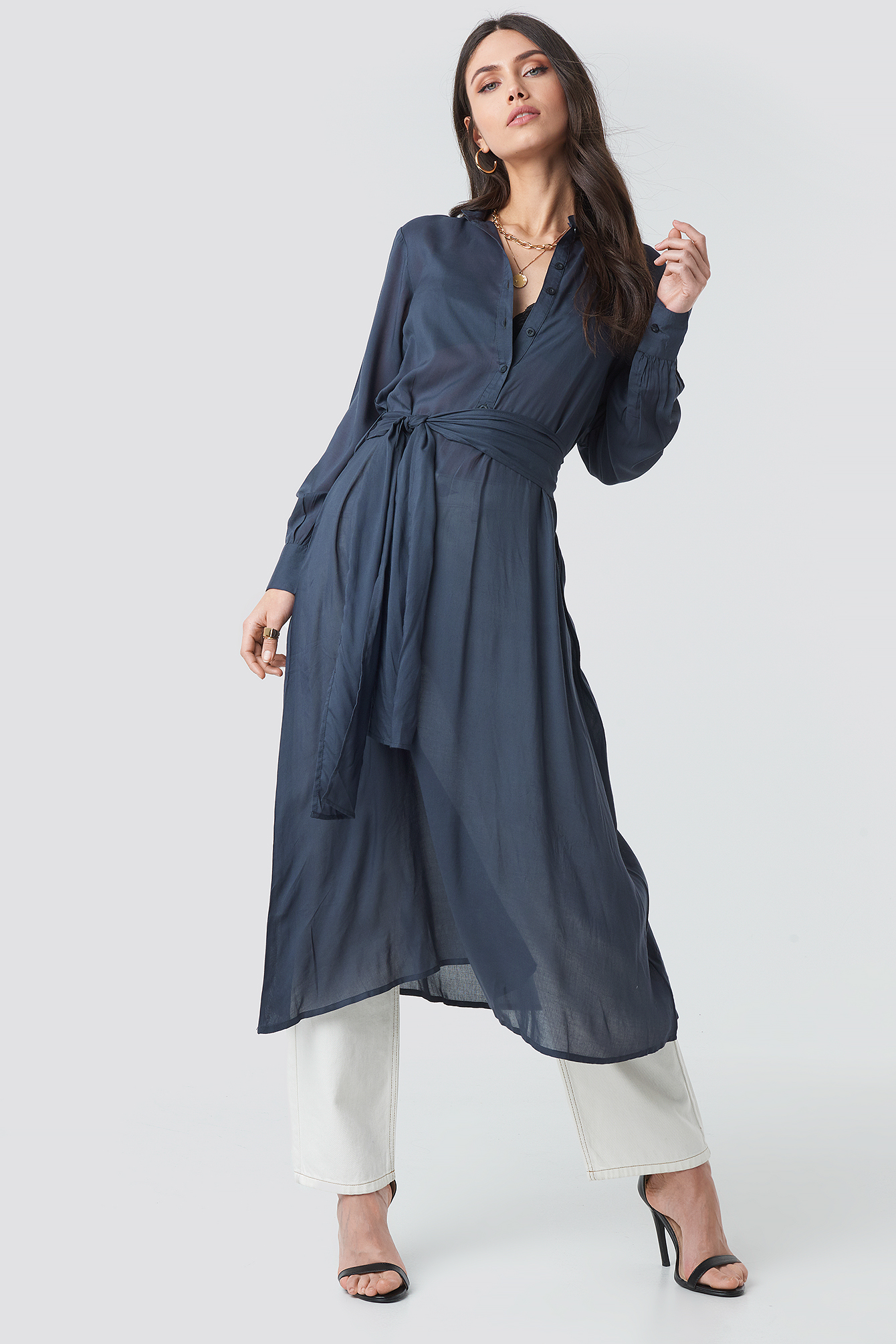 Button Up Tie Waist Dress Blue