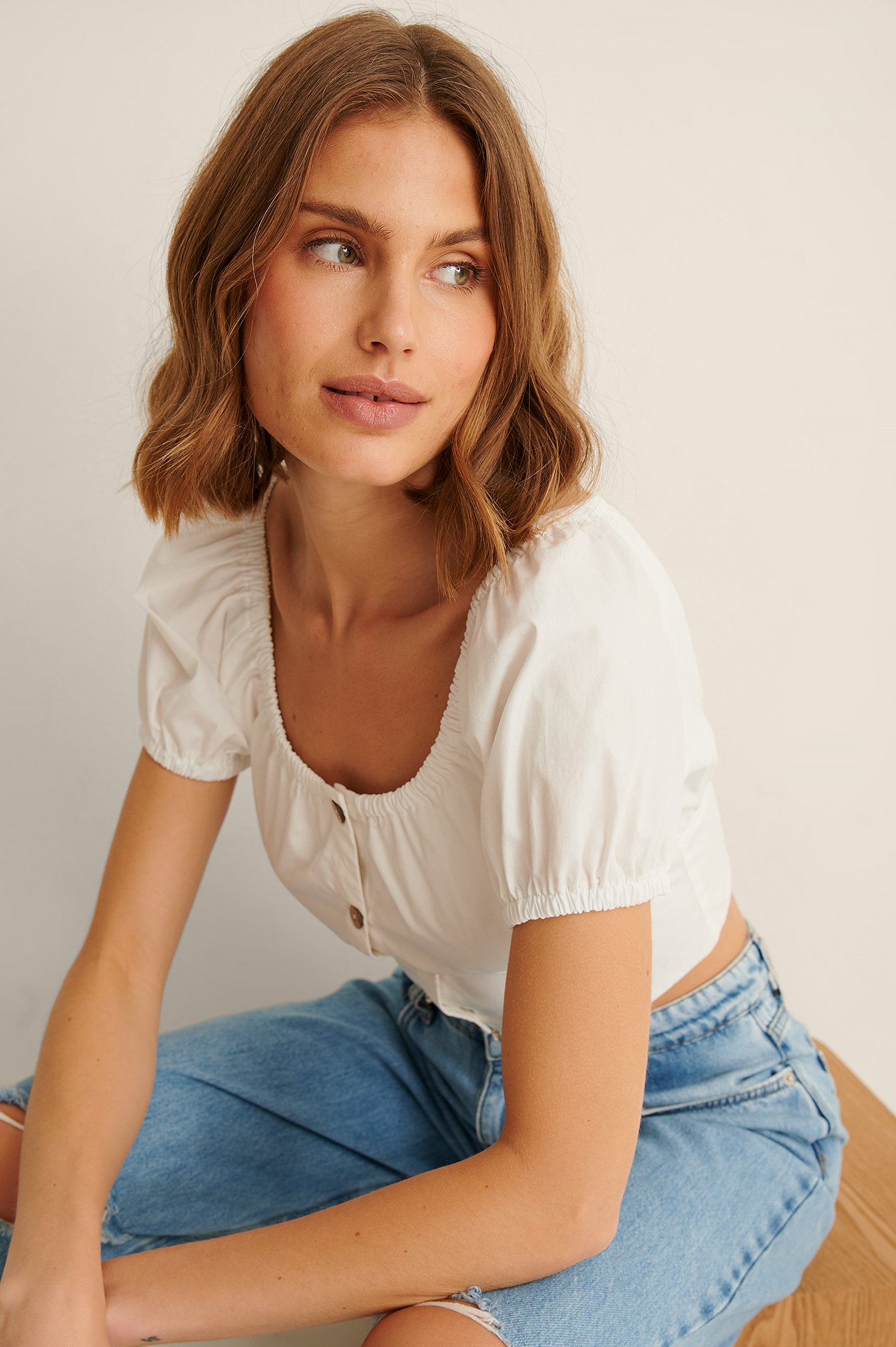 White Buttoned Cropped Cotton Top