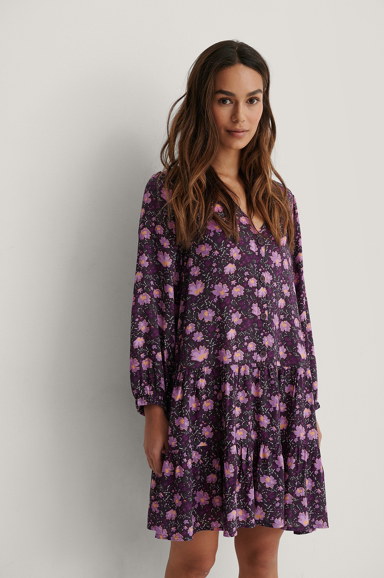 Purple Flower Buttoned Flowy V-neck Dress