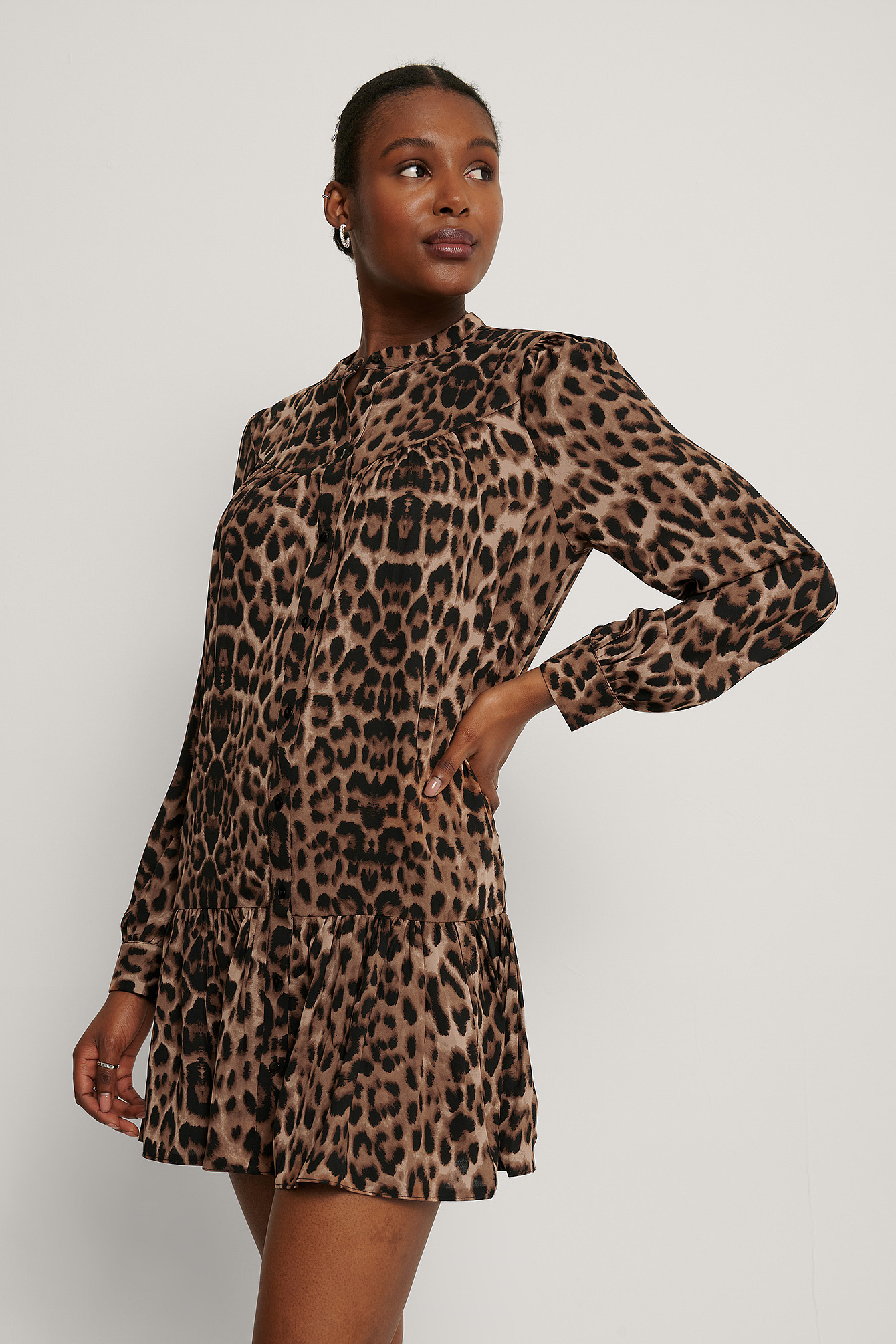Buttoned Round Neck Flounce Mini Dress 