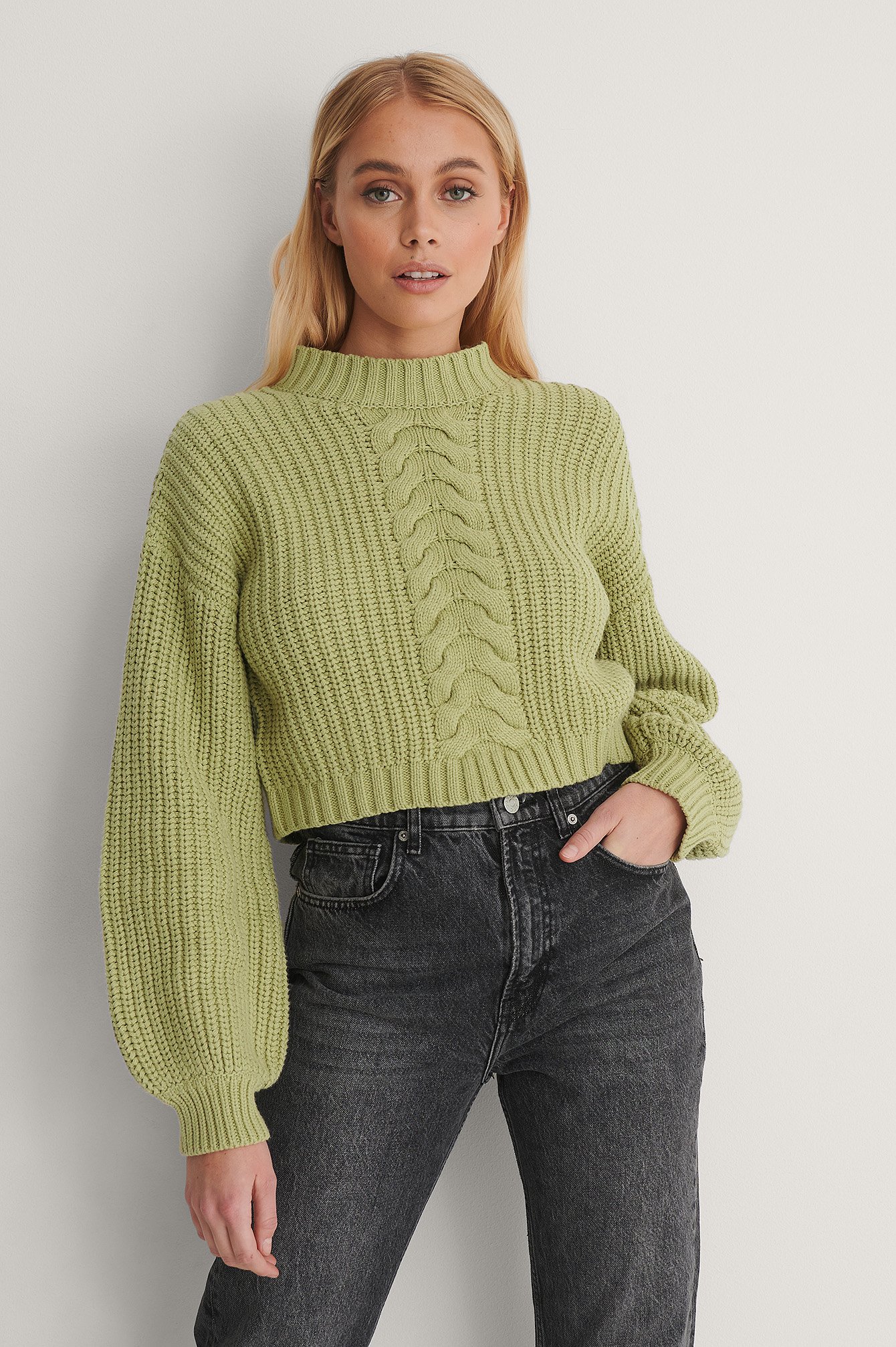 Na-kd Reborn Organic Cable Detail Short Knitted Sweater Green