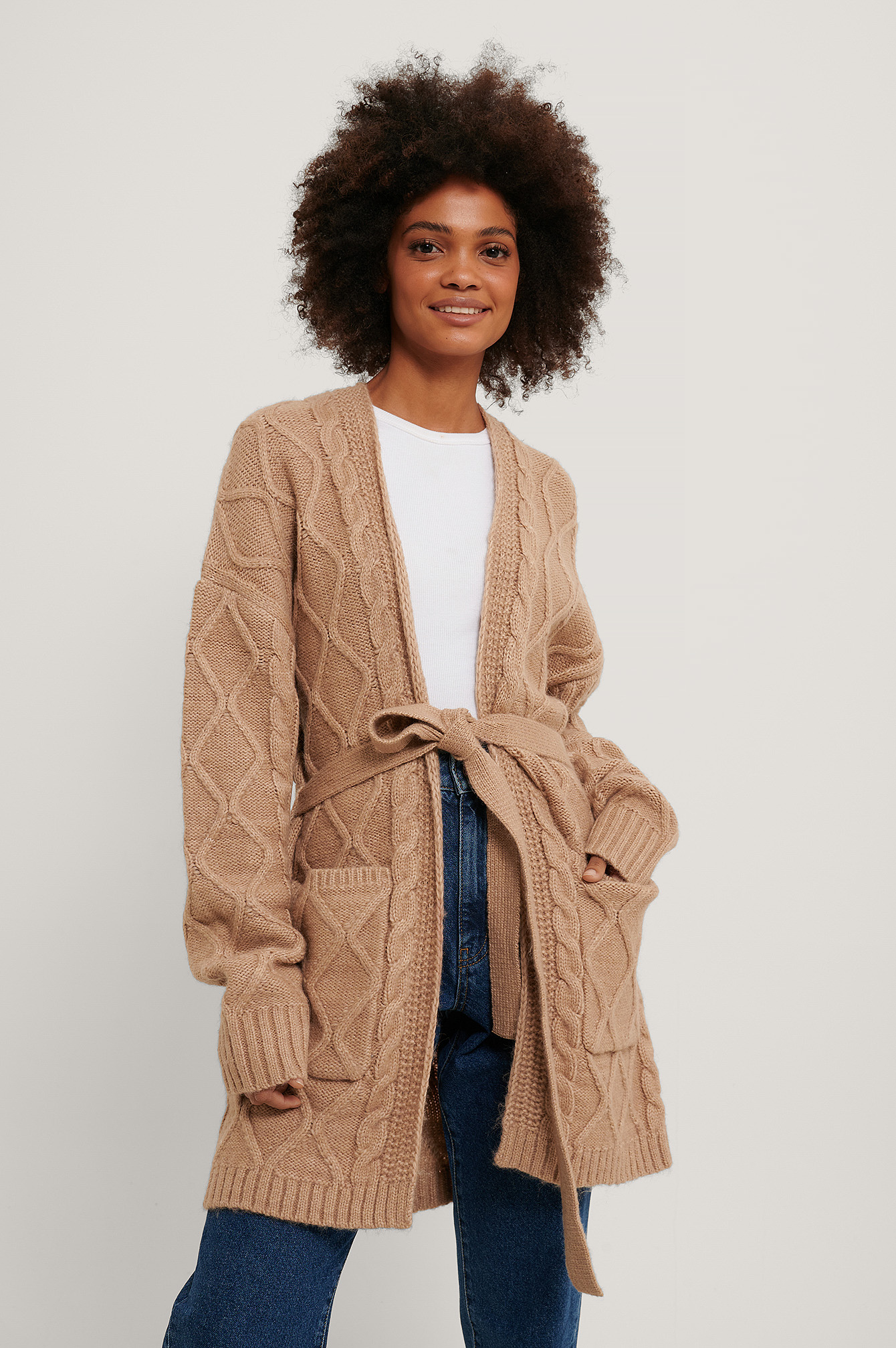 Cable Knit Belted Cardigan Marrone
