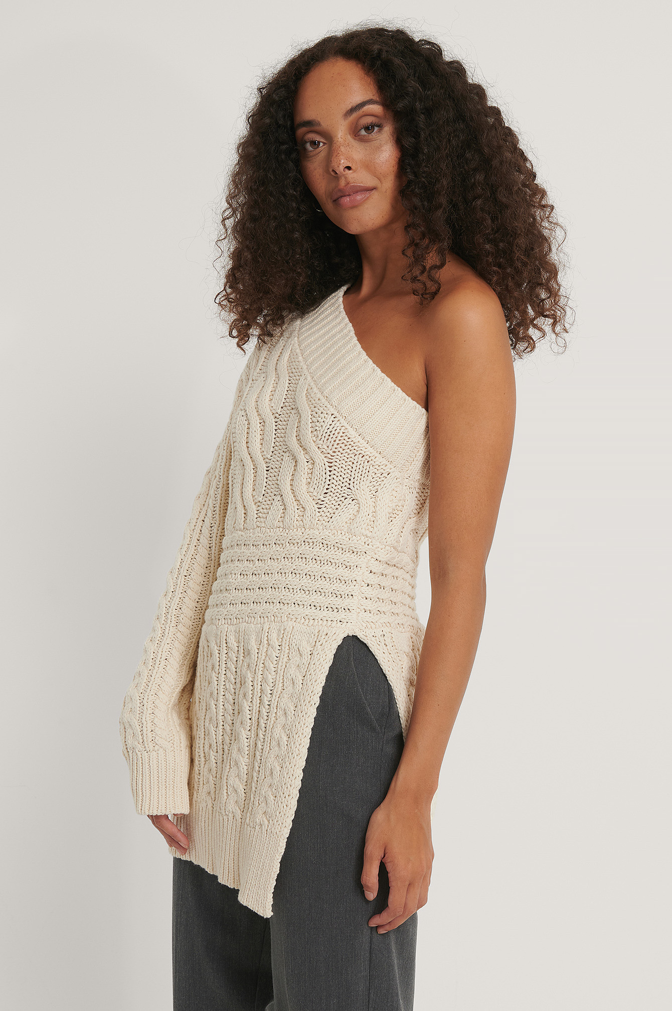 Cable Knit One Shoulder Sweater Beige