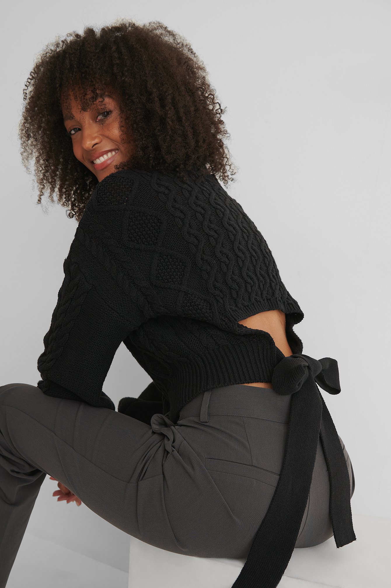 Black Cable Knit Open Back Sweater