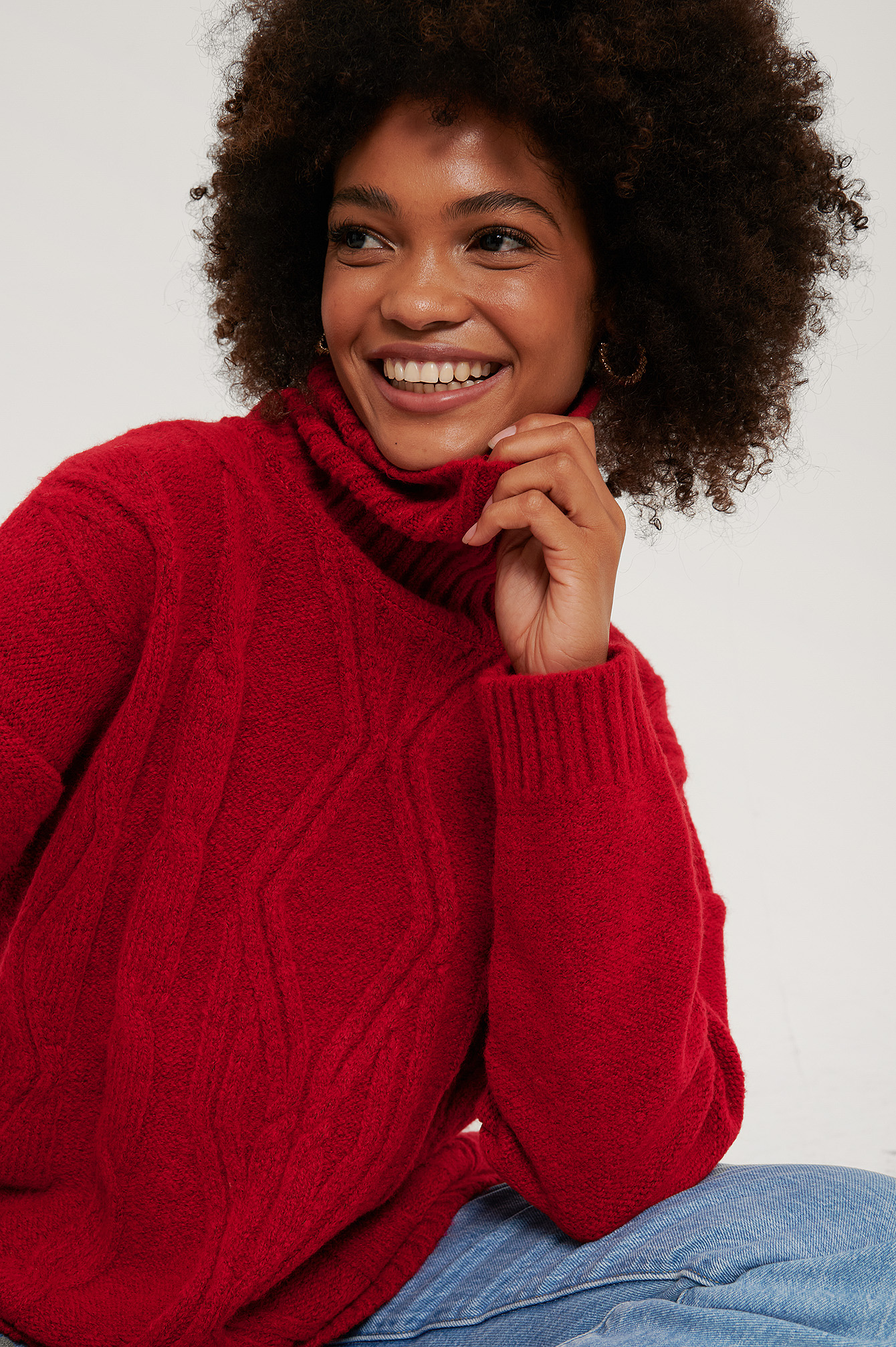 Red cable knit roll neck jumper Clearance