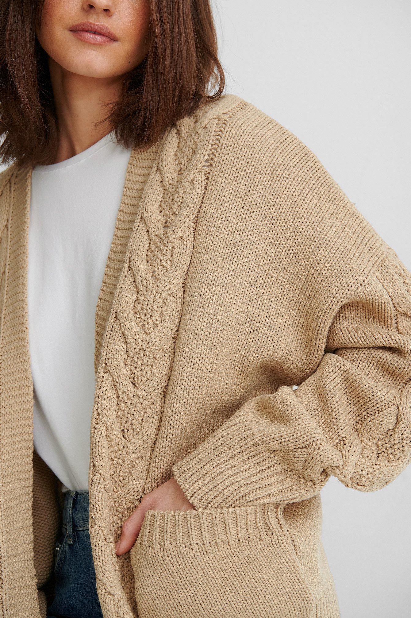 Beige Recycled Cable Knit Short Cardigan