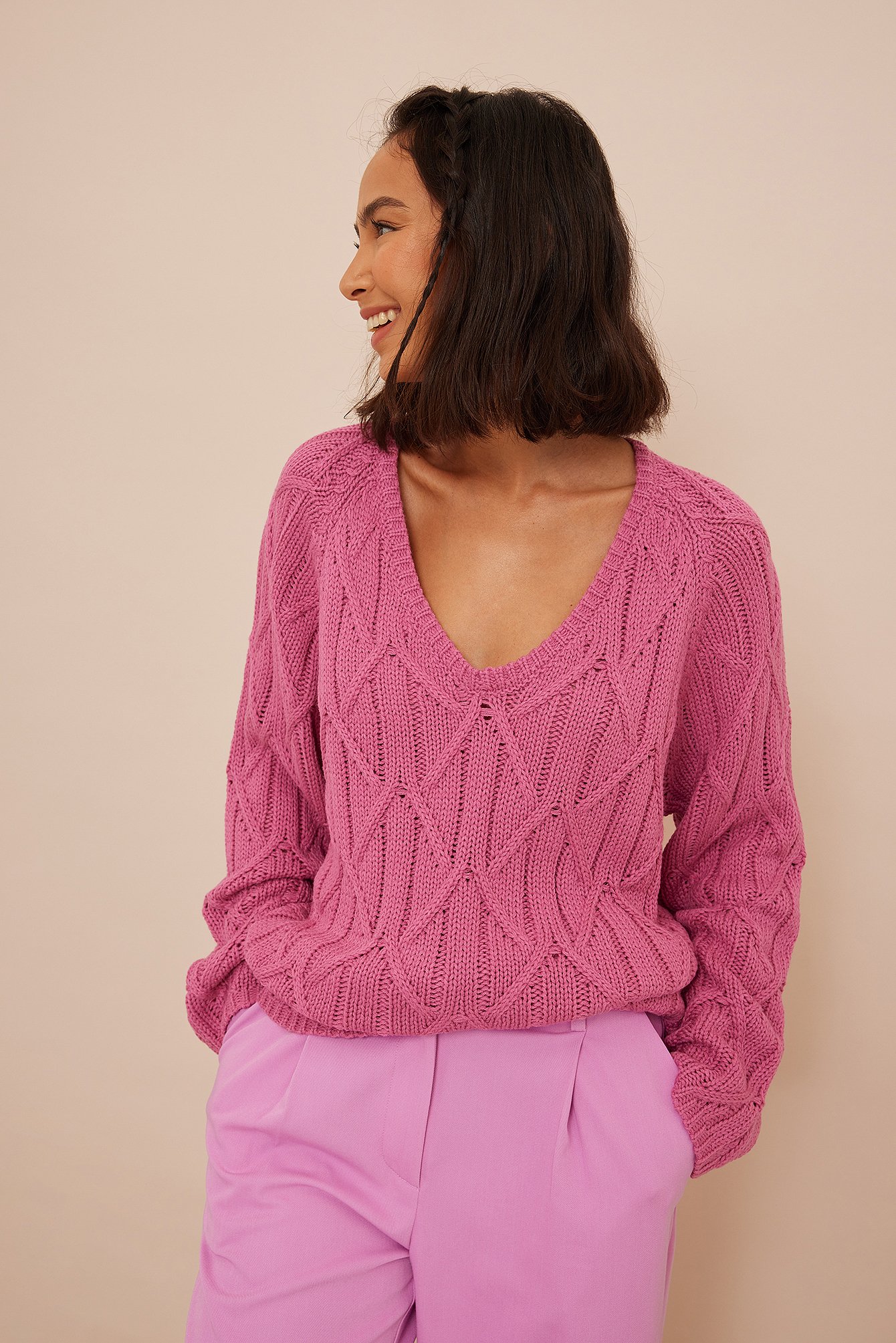 Pink Cable Knit V-neck Sweater