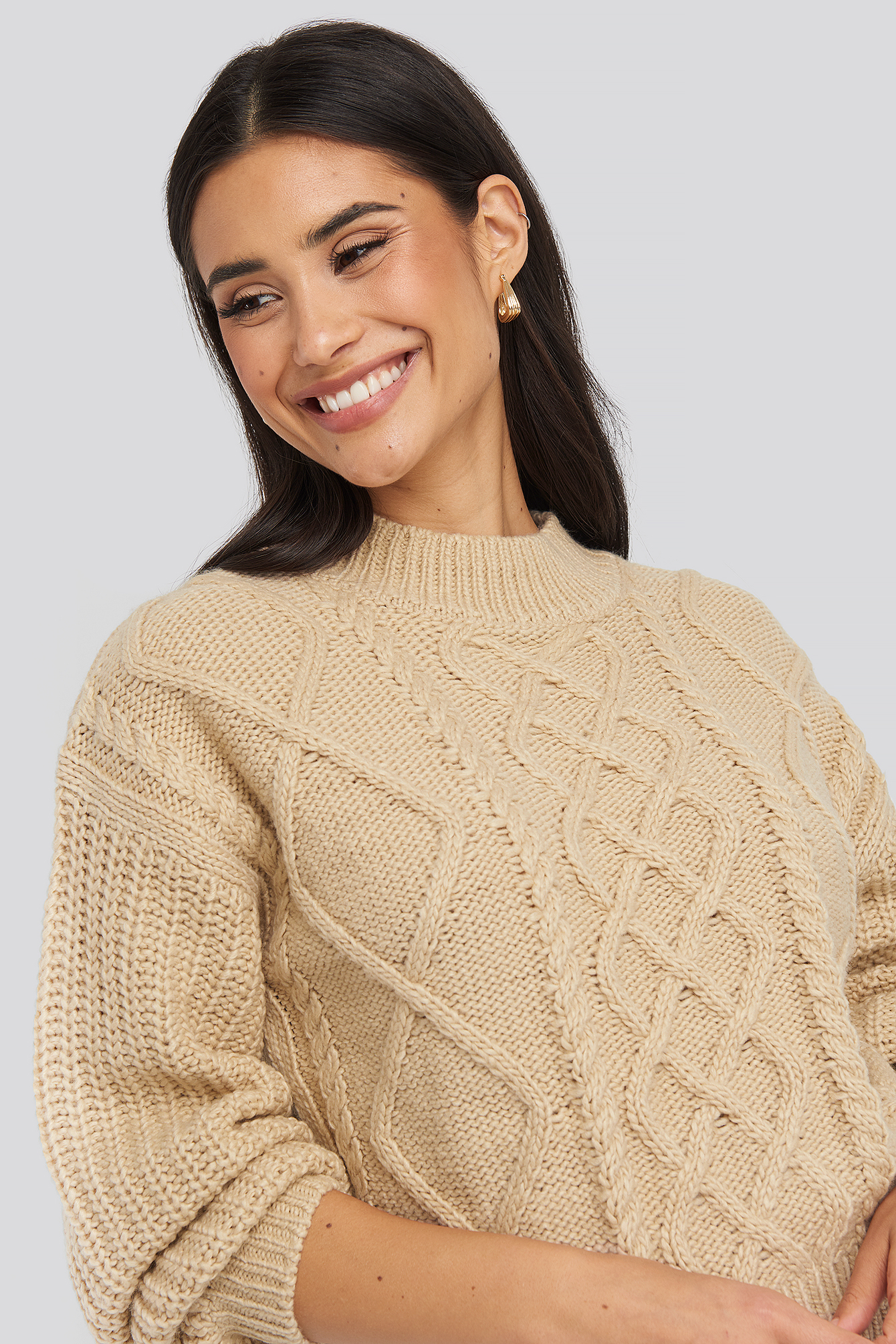 Cable Knitted Balloon Sleeve Sweater Light Beige