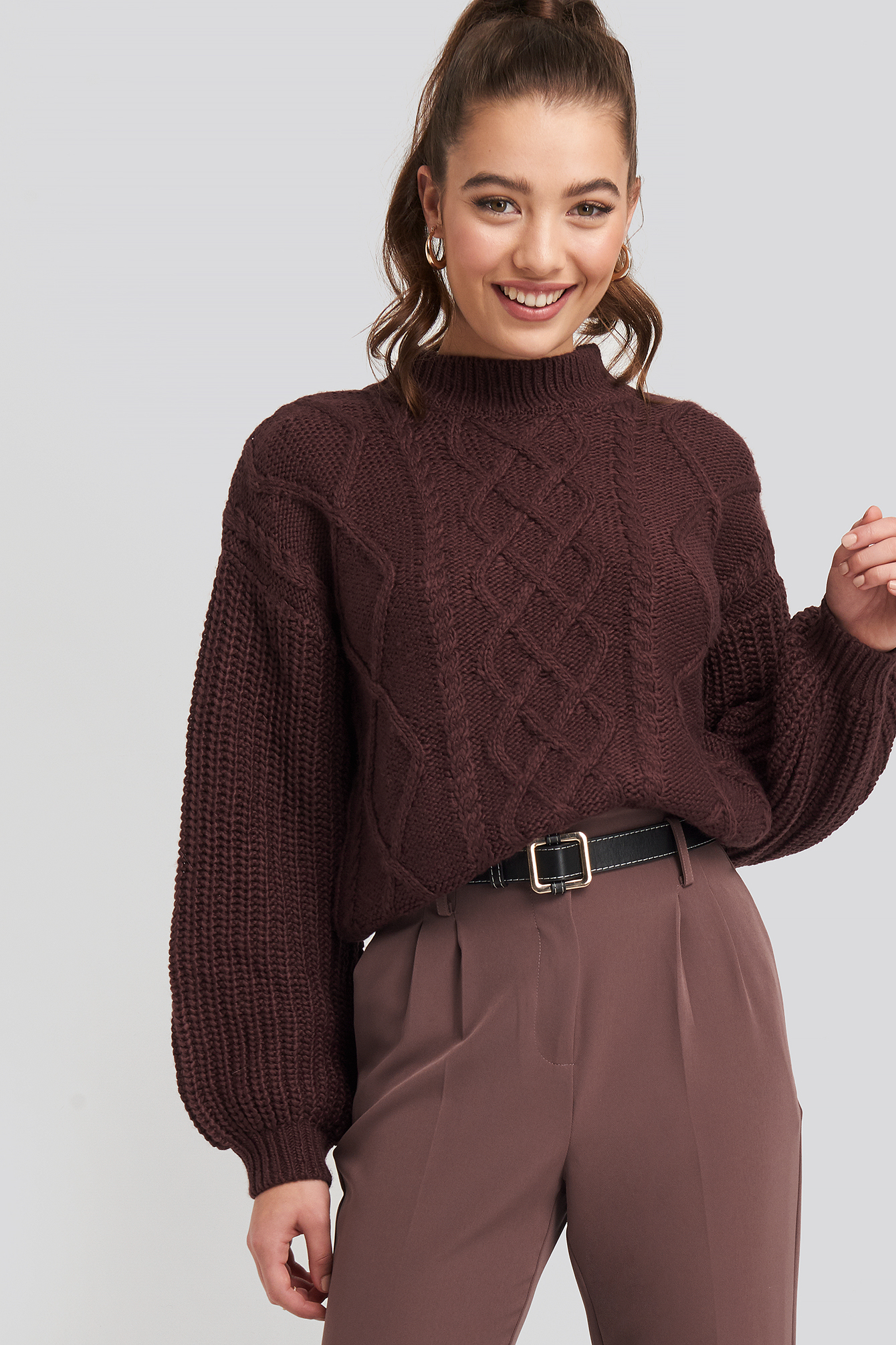 Cable Knitted Balloon Sleeve Sweater Burgundy
