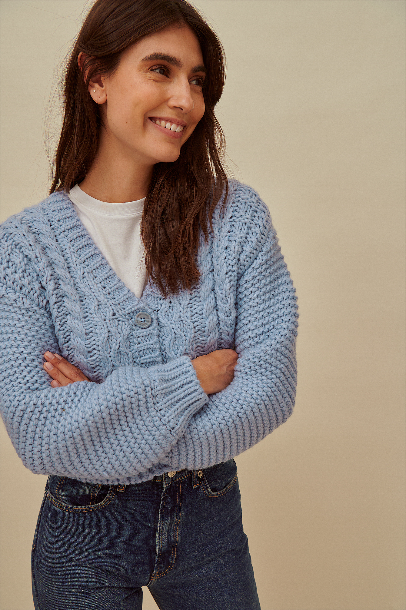cable knit cardigan blue