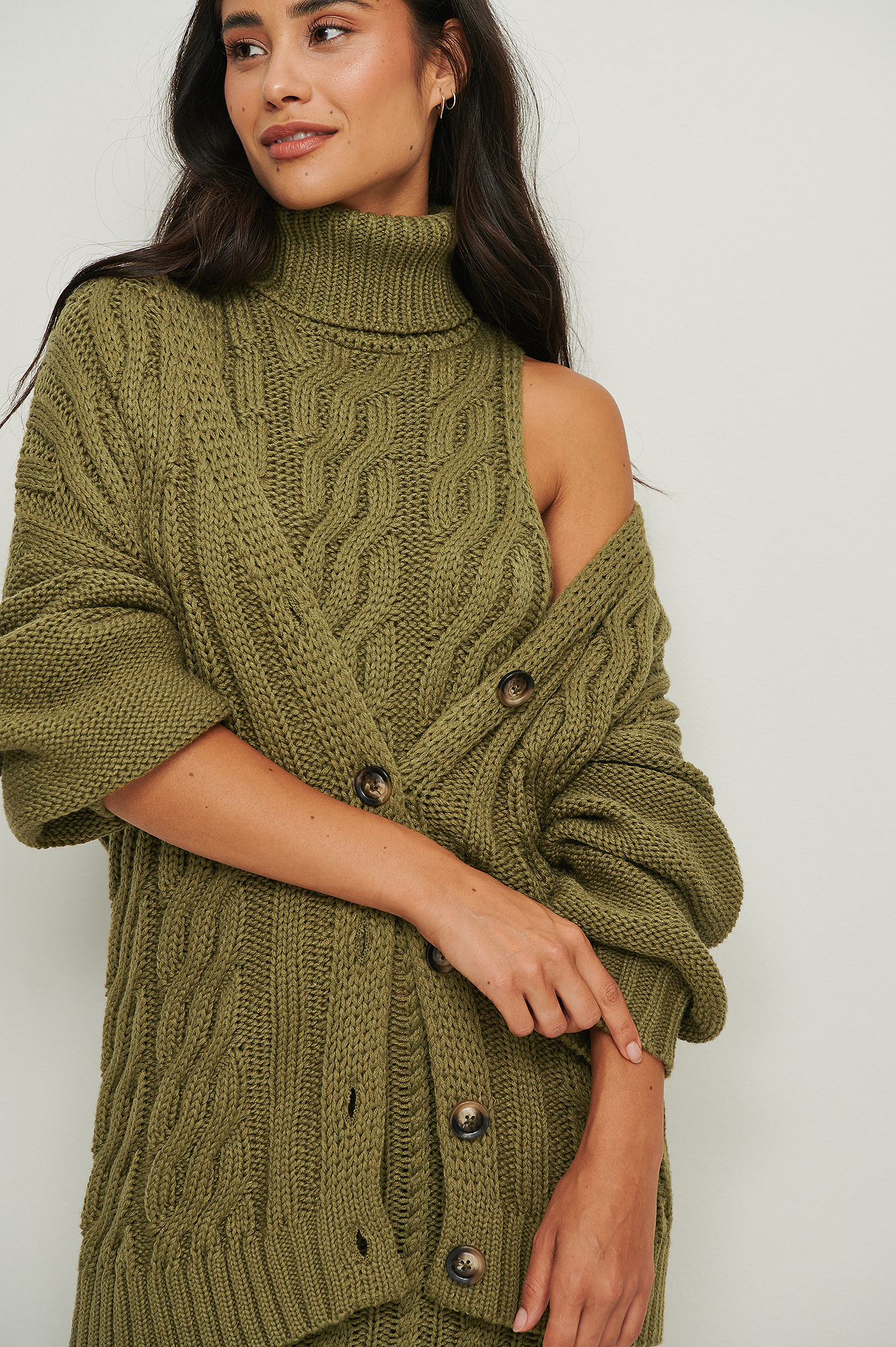 Olive Green Recycled Cable Knitted Cardigan