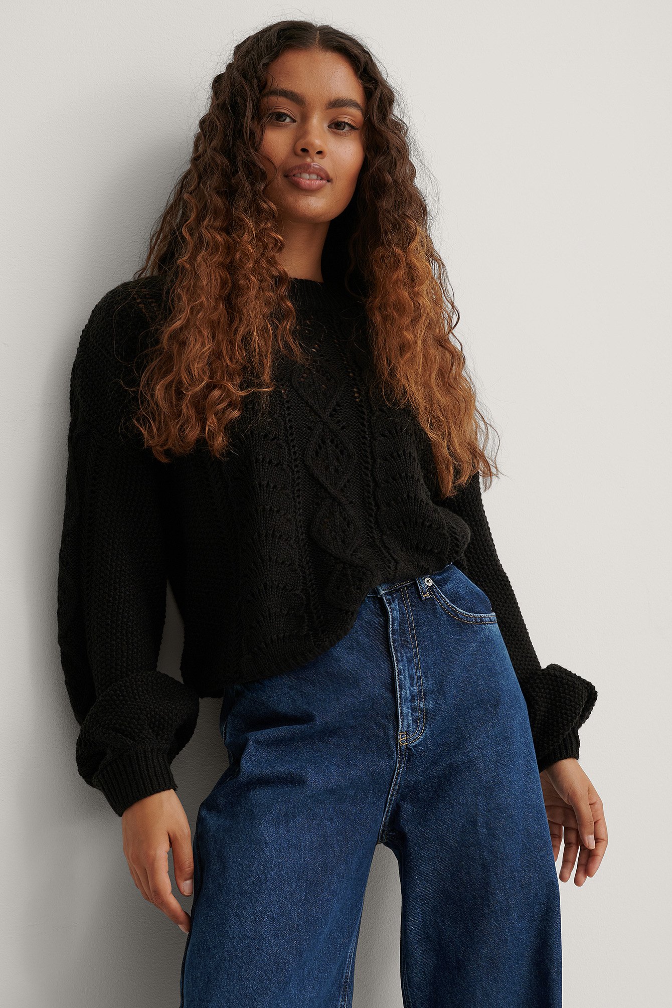 Black Cable Knitted Cropped Sweater