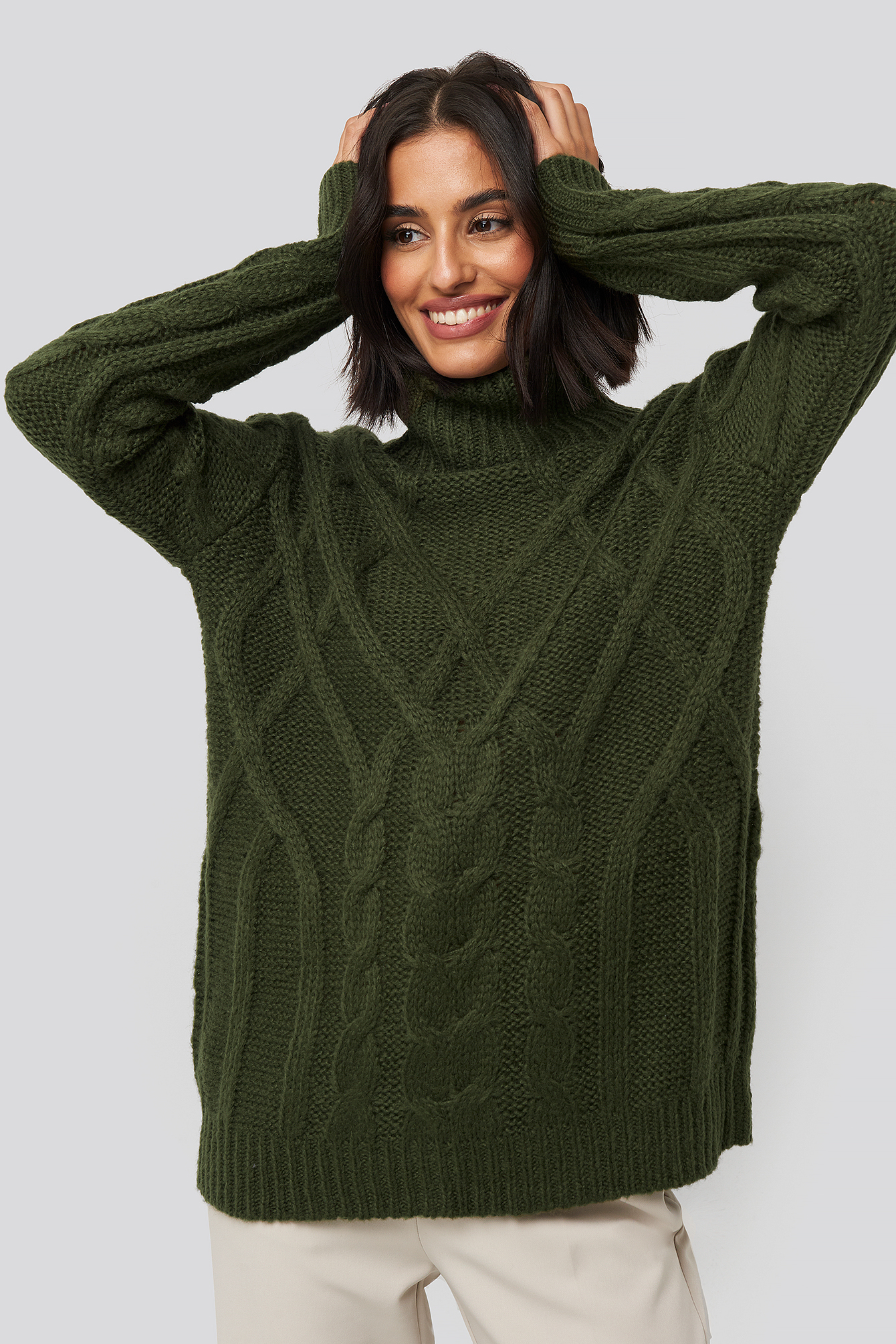 Cable Knitted High Neck Sweater Dark Green