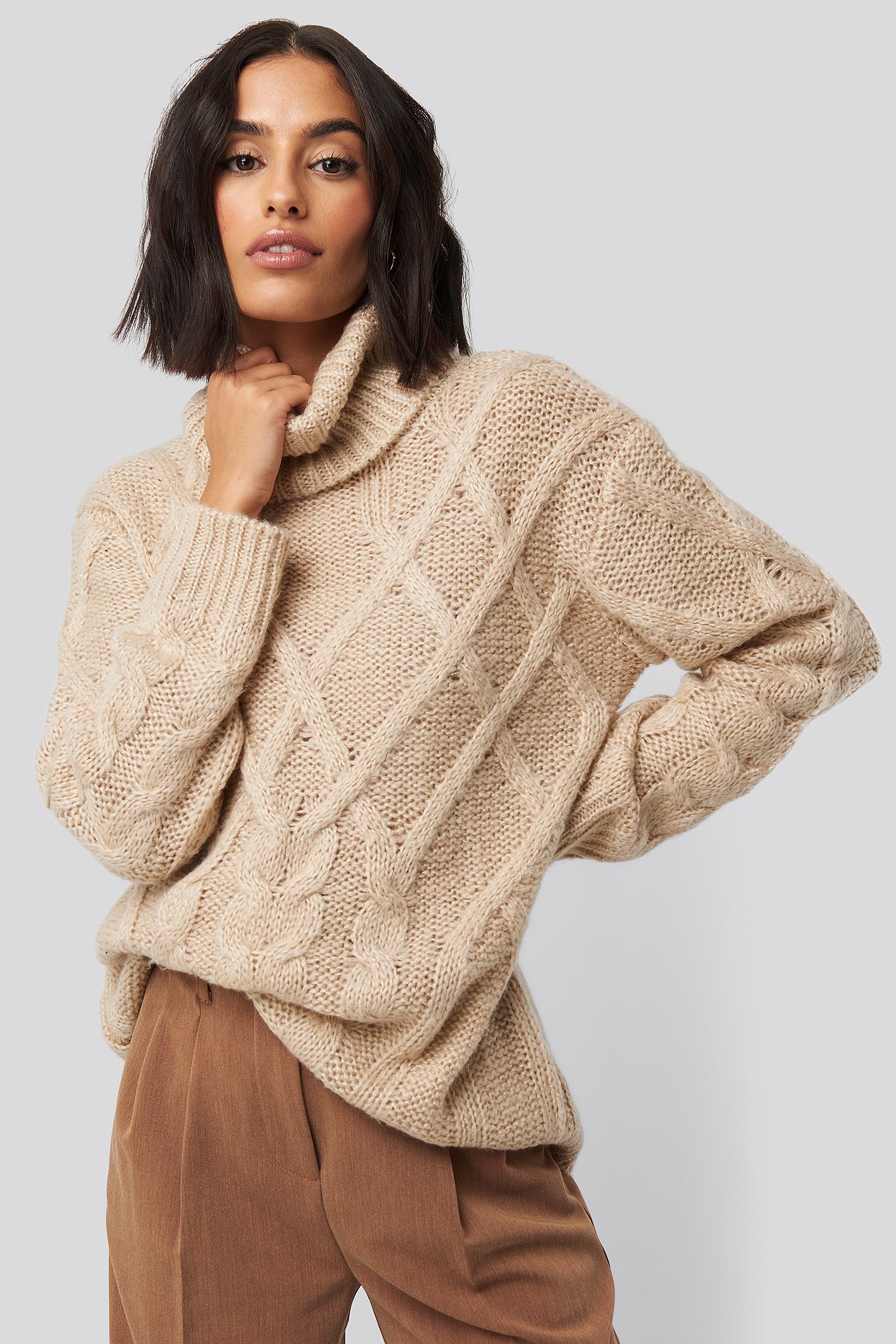 Light Beige Cable Knitted High Neck Sweater