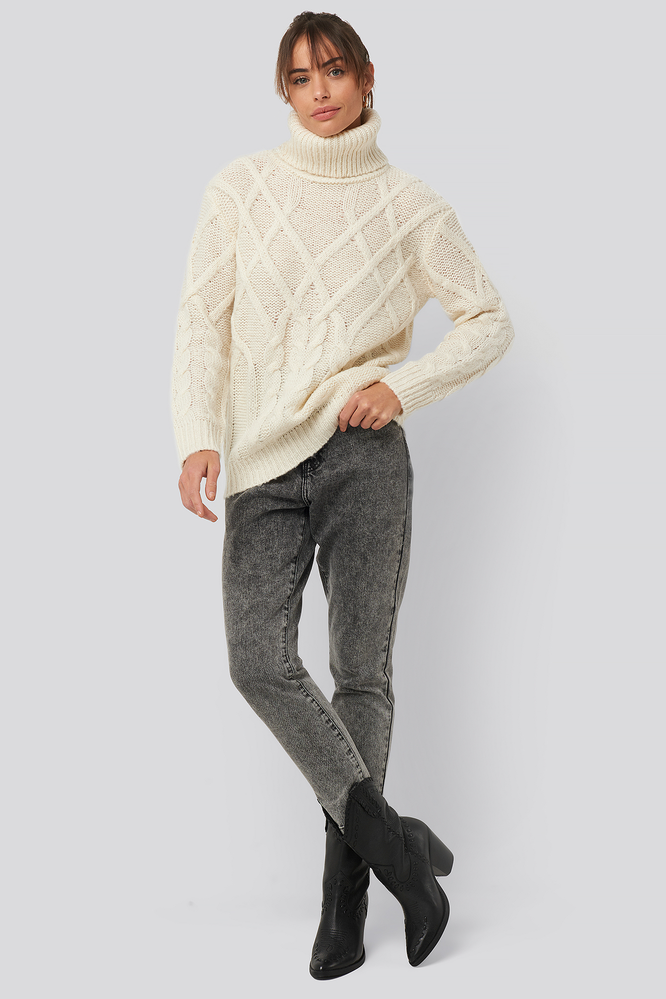 Offwhite Cable Knitted High Neck Sweater