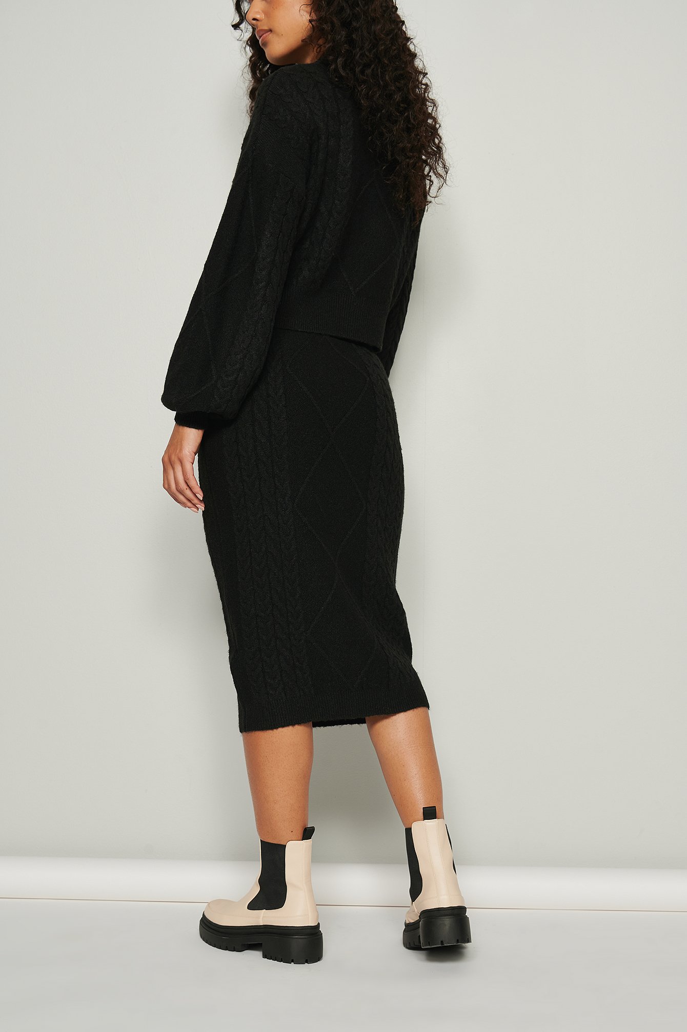 Black Cable Knitted Midi Skirt