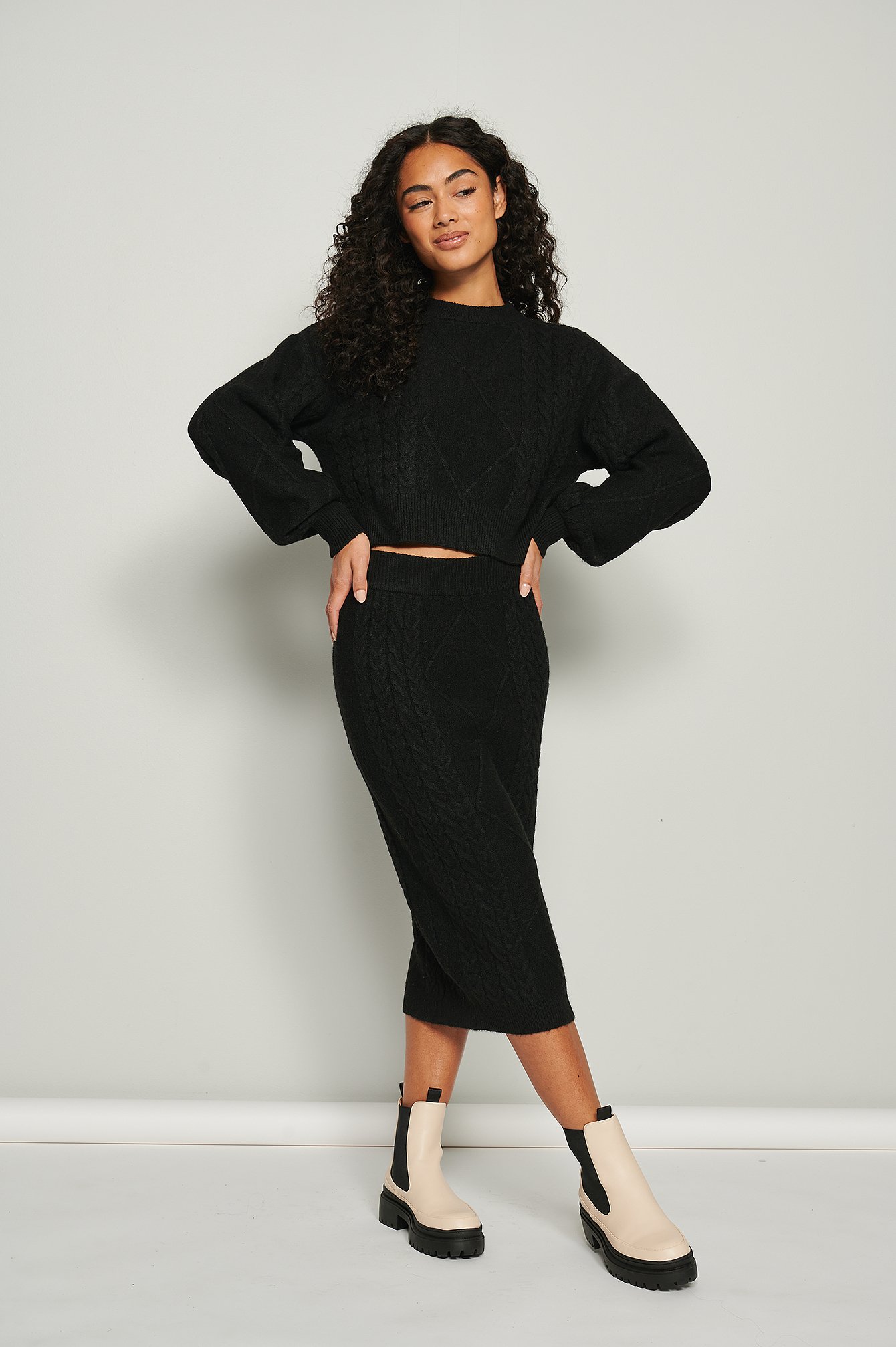 Black Cable Knitted Midi Skirt
