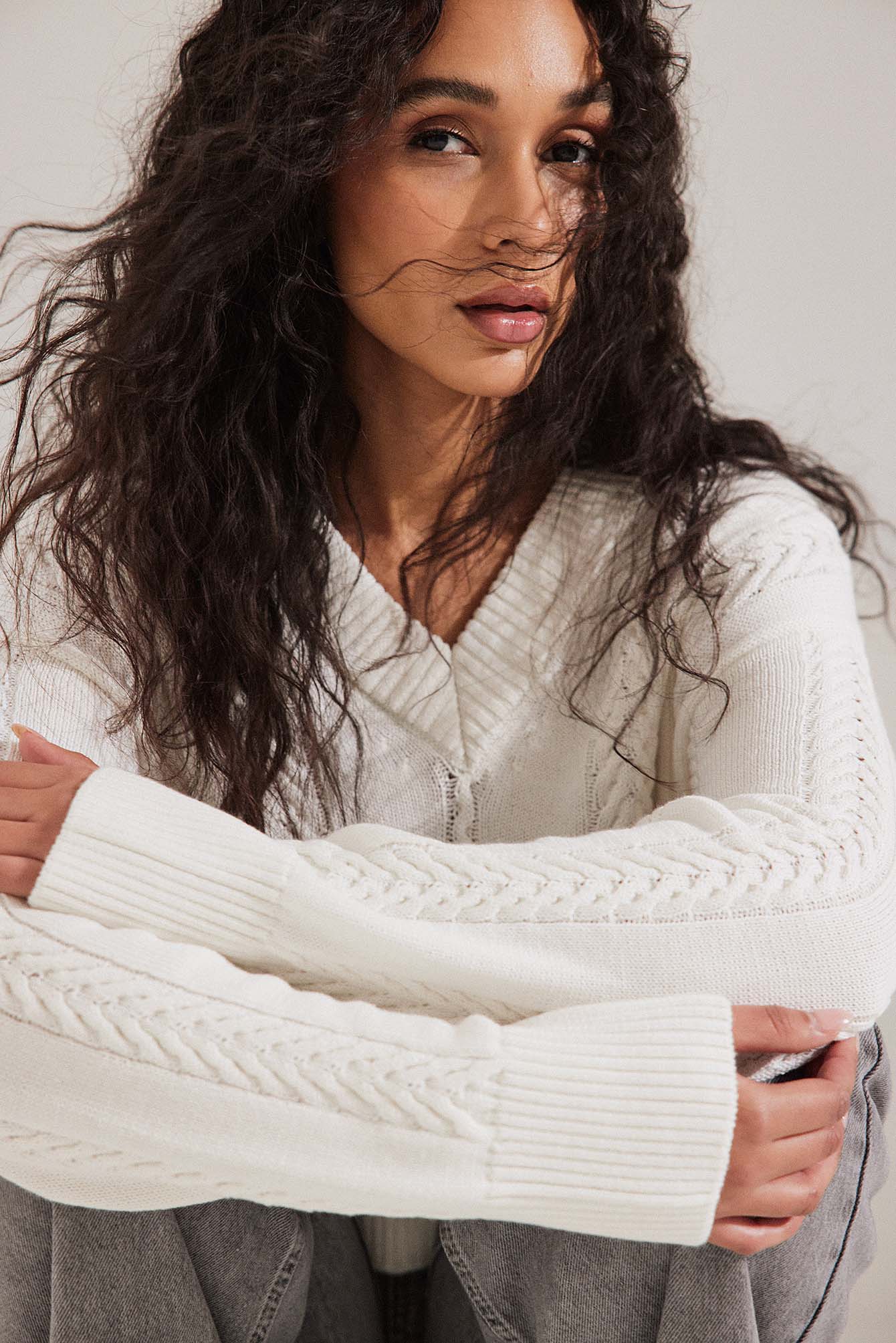 Cable Knitted Oversized Collar Sweater Offwhite NAKD