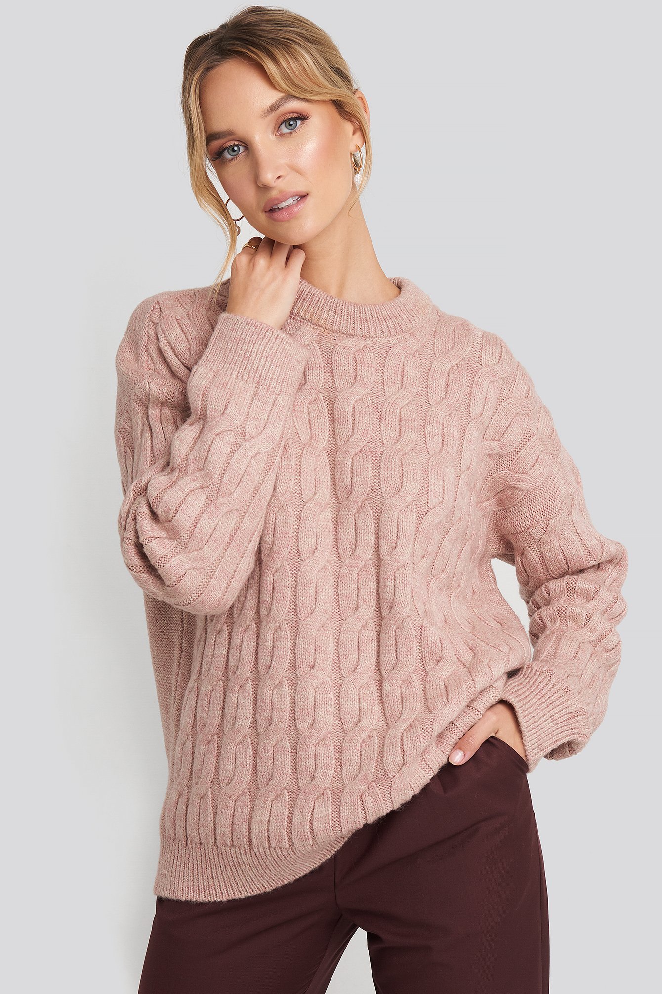 Cable Knitted Oversized Sweater Pink | na-kd.com