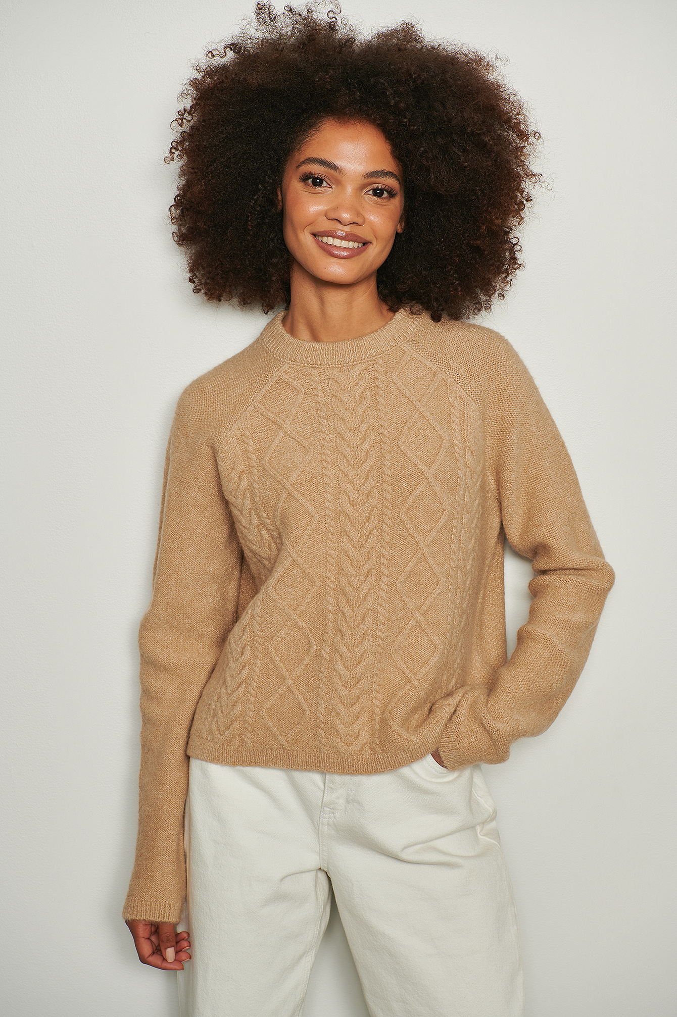 Beige Cable Knitted Round Neck Sweater