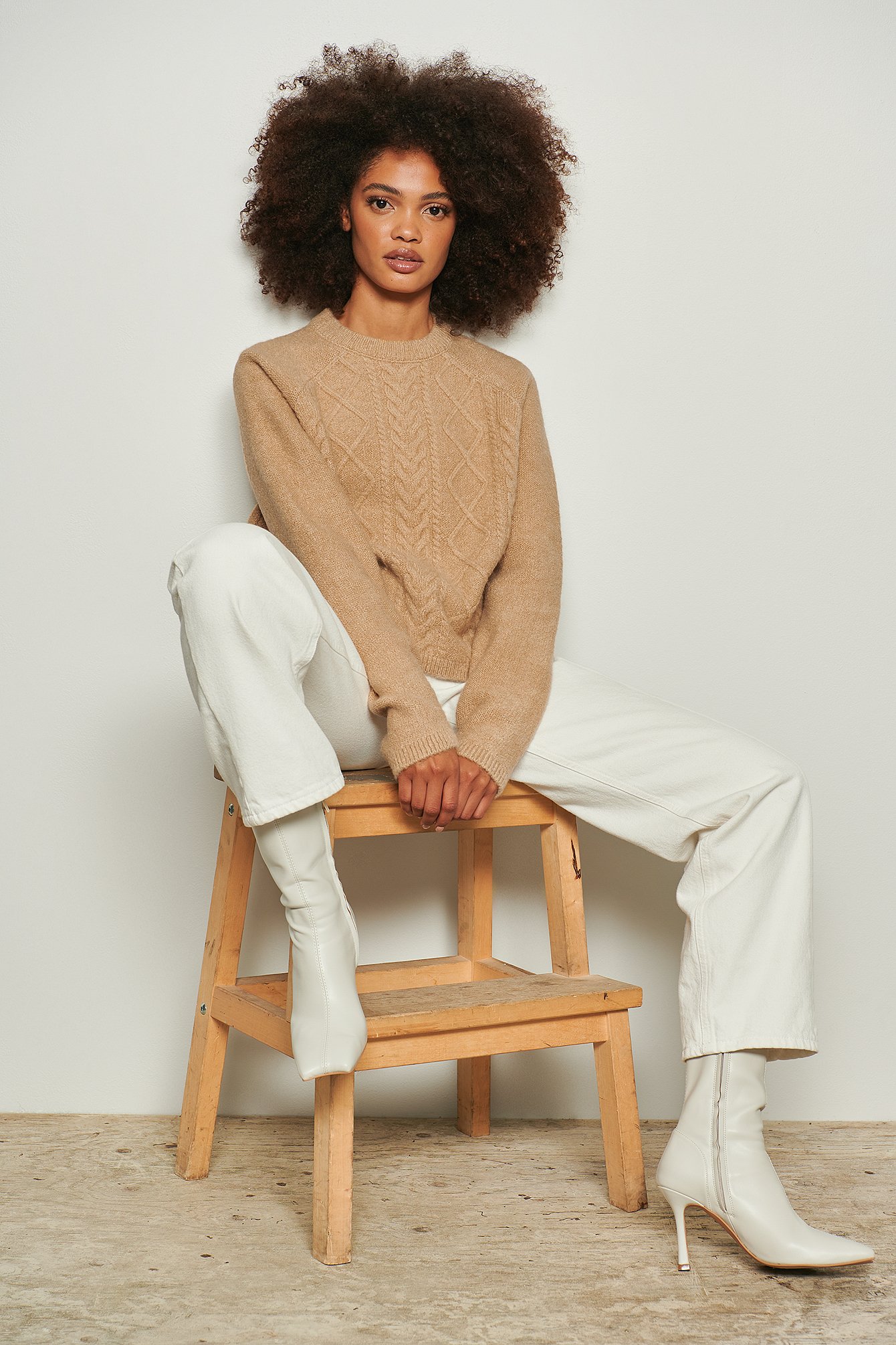 Beige Cable Knitted Round Neck Sweater