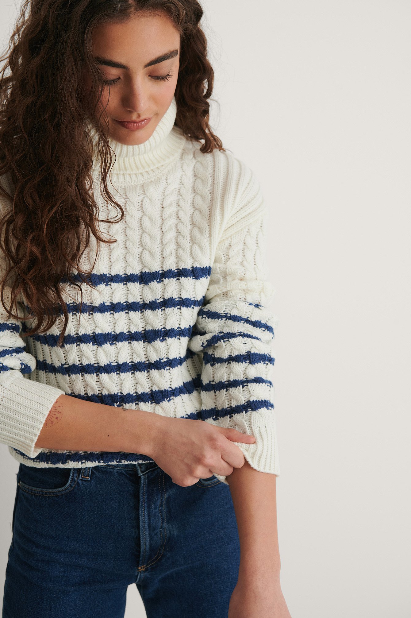White/Navy Recycled Cable Knitted Striped Sweater