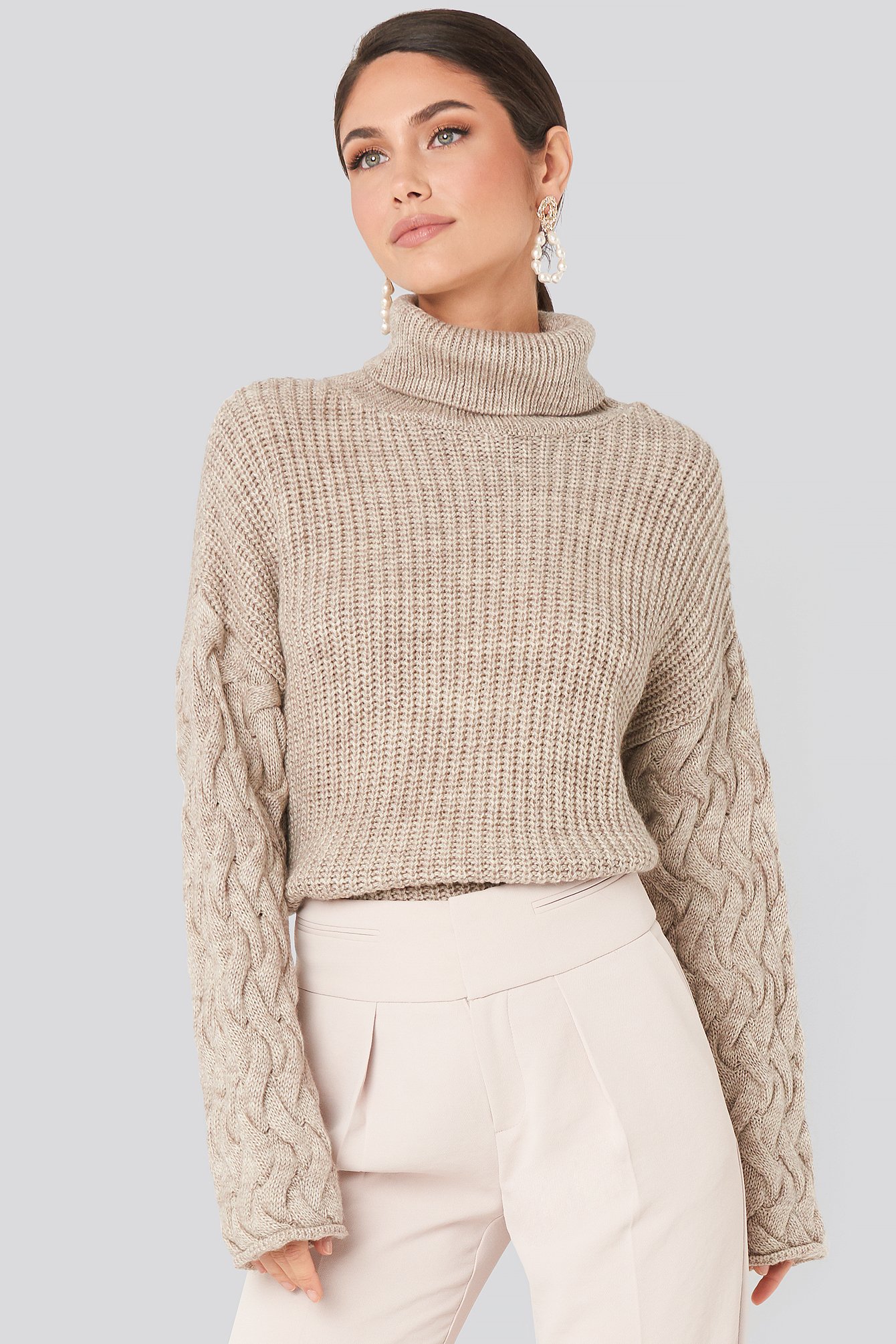 Beige NA-KD Cable Sleeve High Neck Sweater
