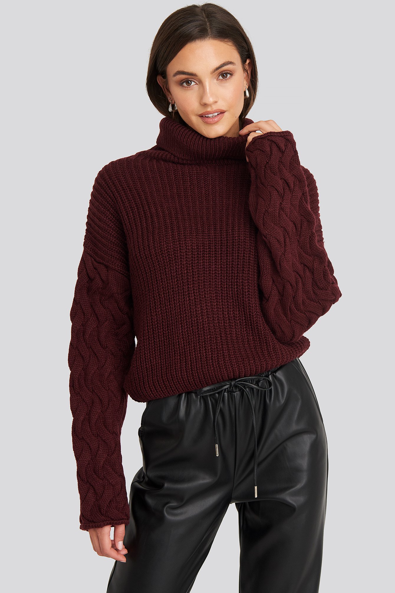 Burgundy NA-KD Cable Sleeve High Neck Sweater