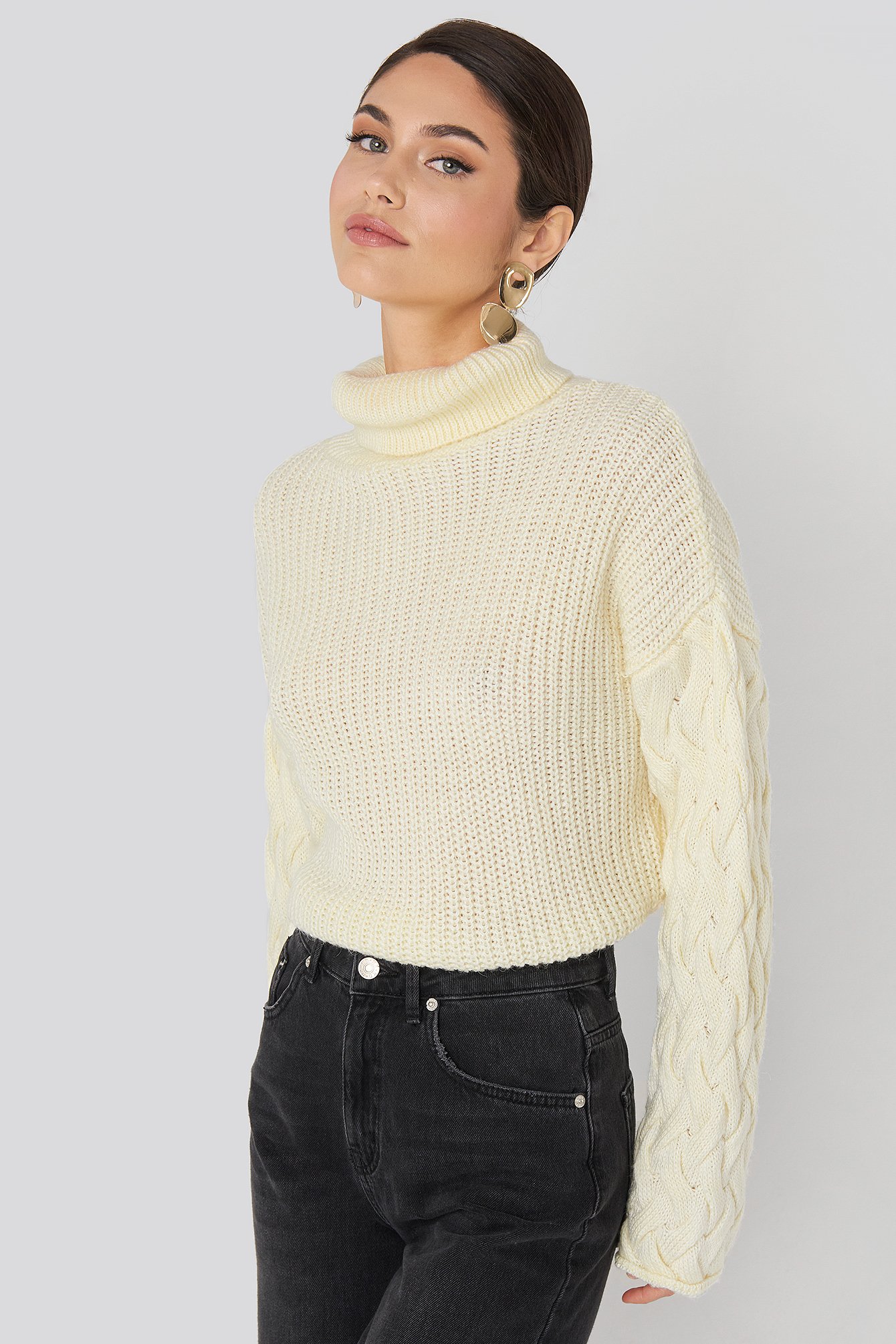 Offwhite NA-KD Cable Sleeve High Neck Sweater