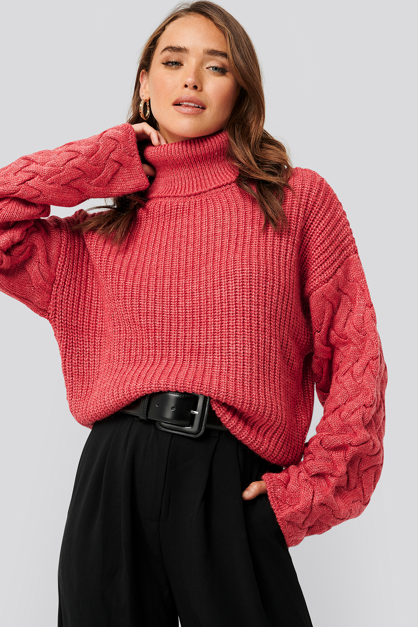 Cable Sleeve High Neck Sweater Raspberry