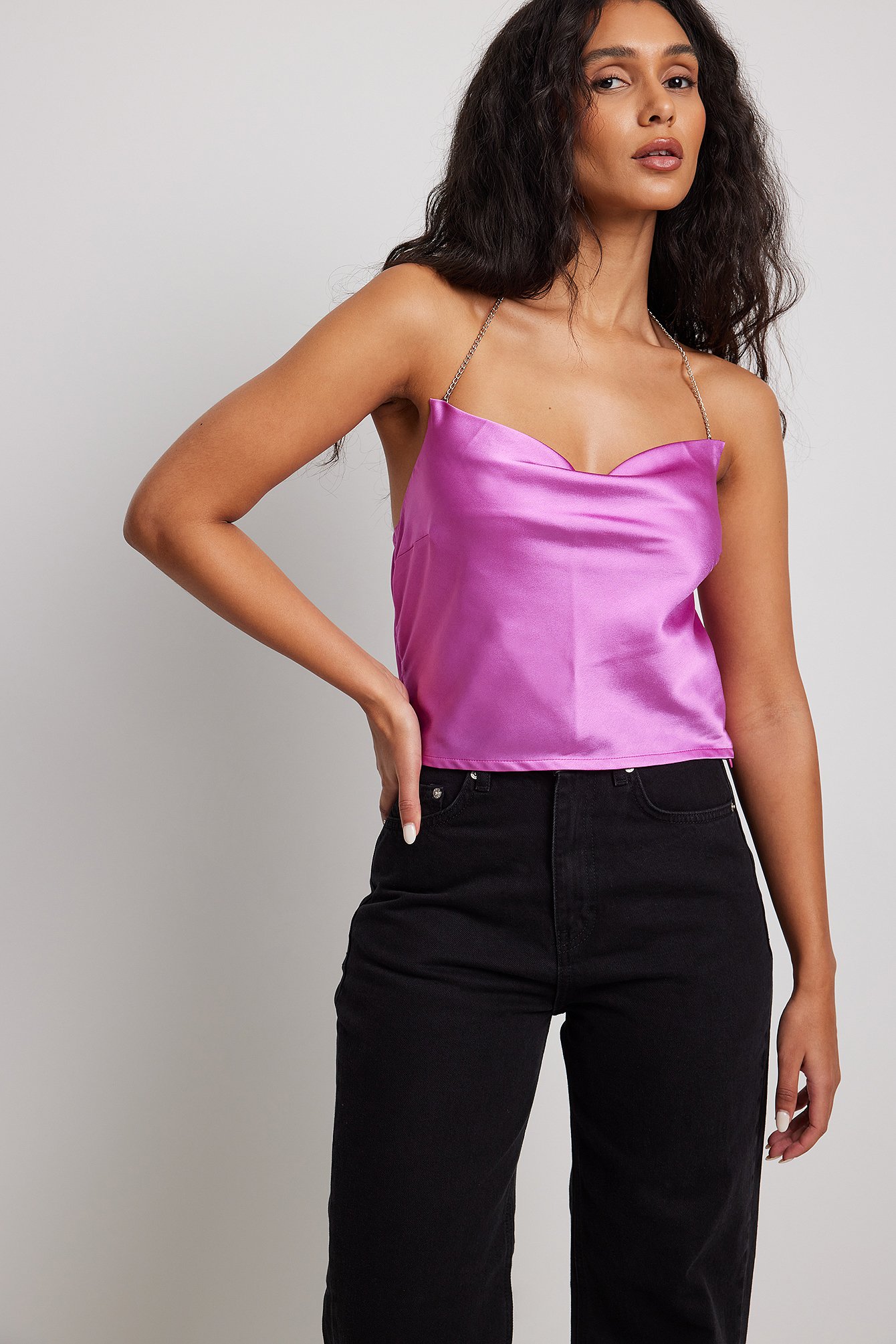 NA-KD Party Chain Detail Waterfall Front Top - Pink
