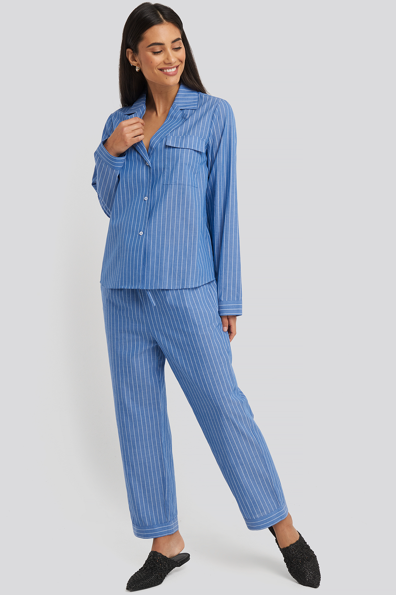 Chambray Cotton Night Pants Blue/White Stripe