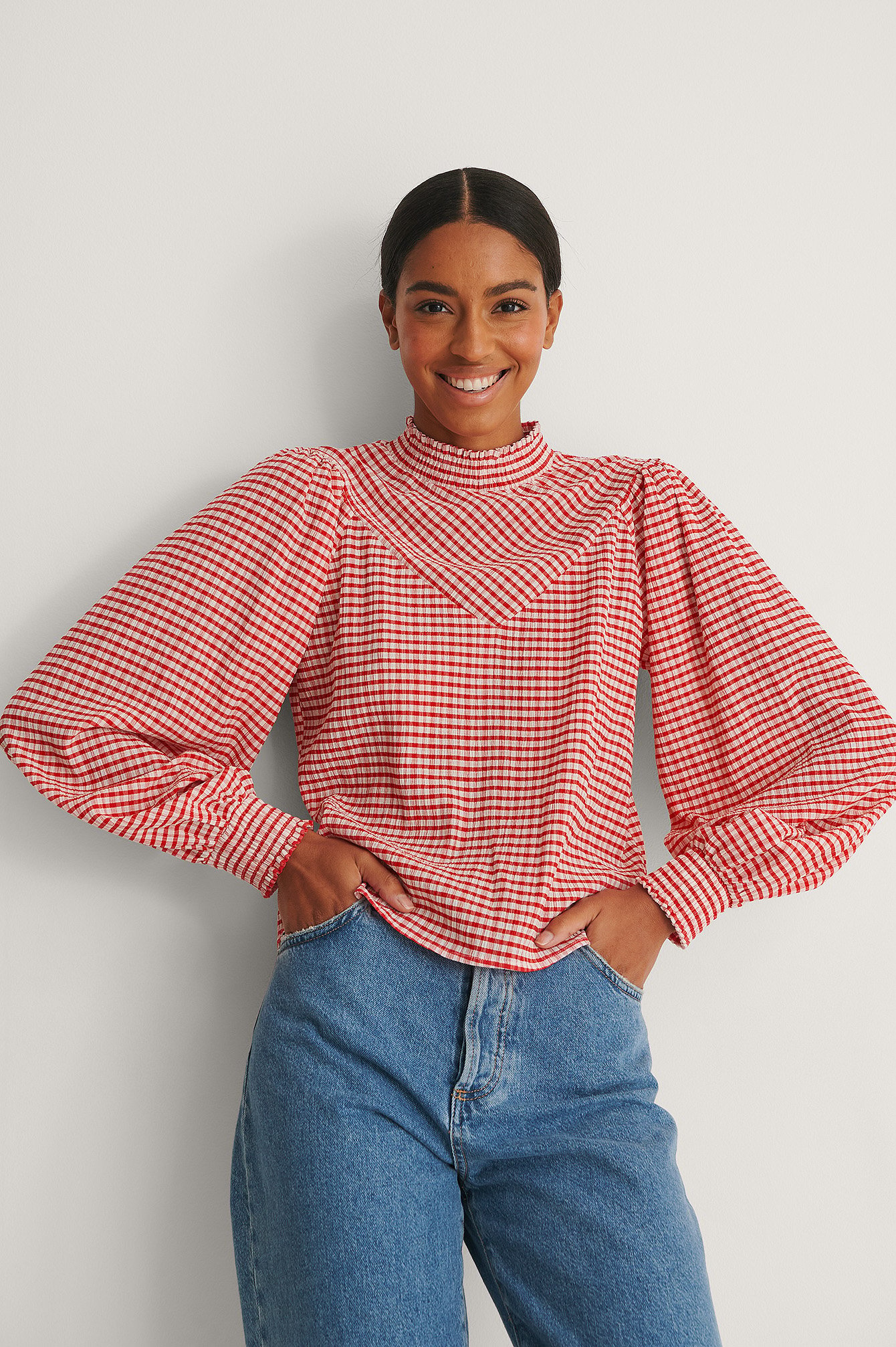 Red Check Rutete Bluse Med Smock