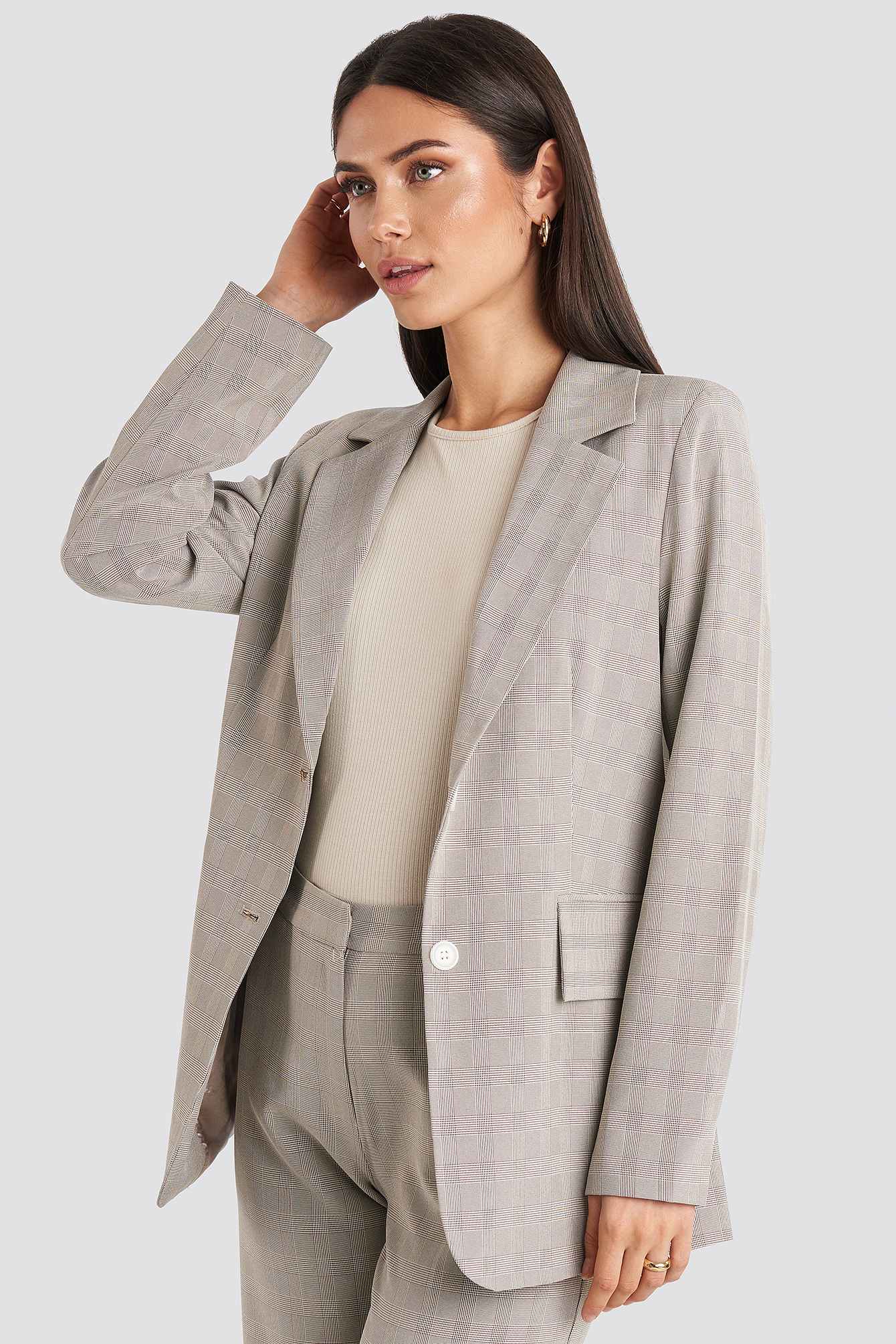 Check Straight Fitted Blazer Beige