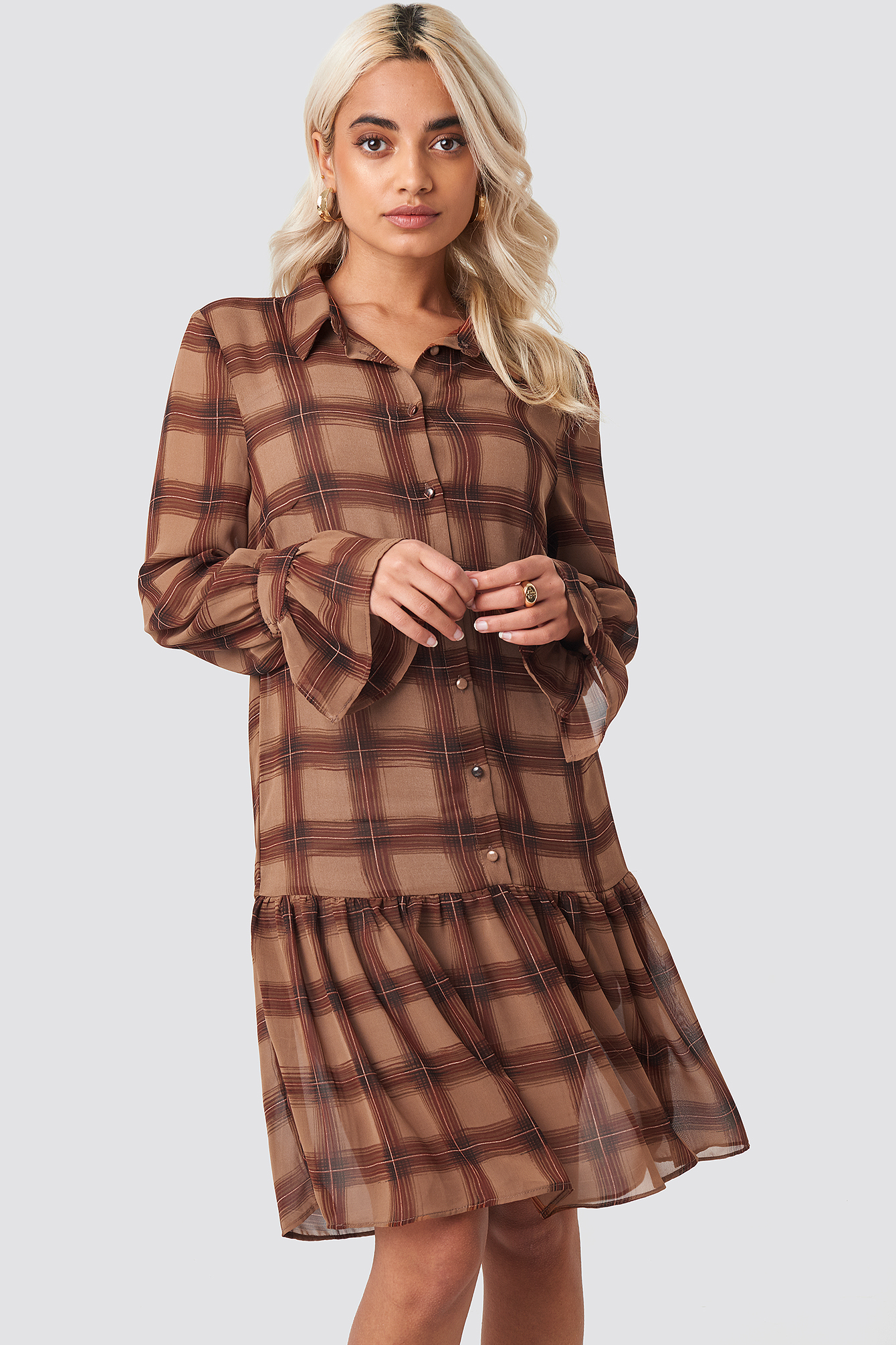 Checked Chiffon Shirt Dress Brown