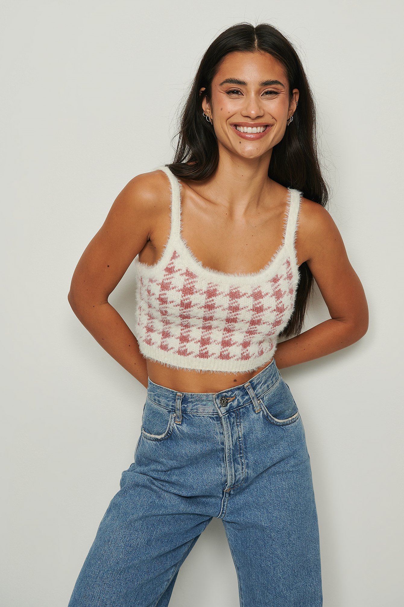 Pink/White Checked Cropped Knitted Top