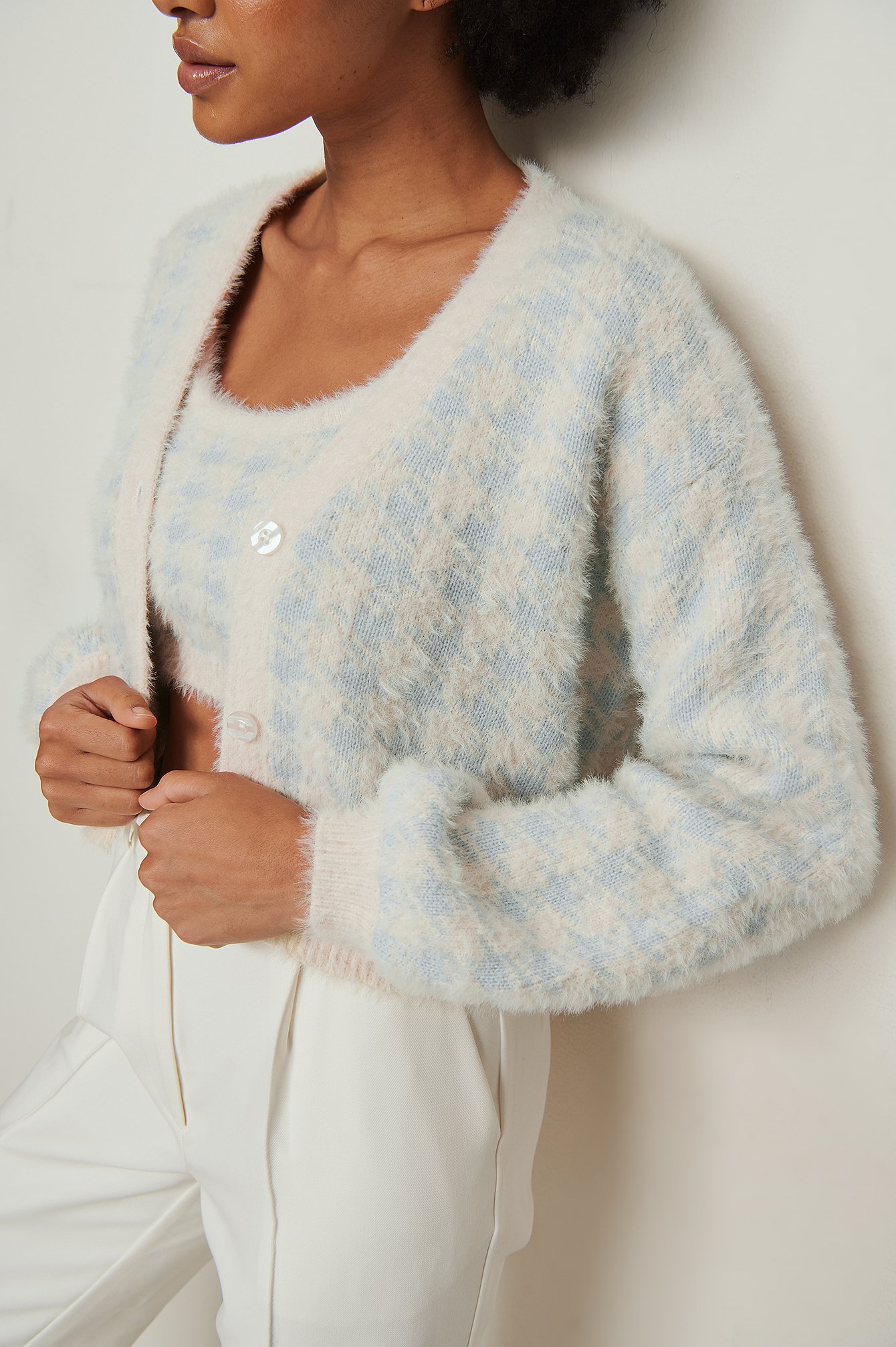 NA-KD Trend Checked Knitted Cardigan - Blue