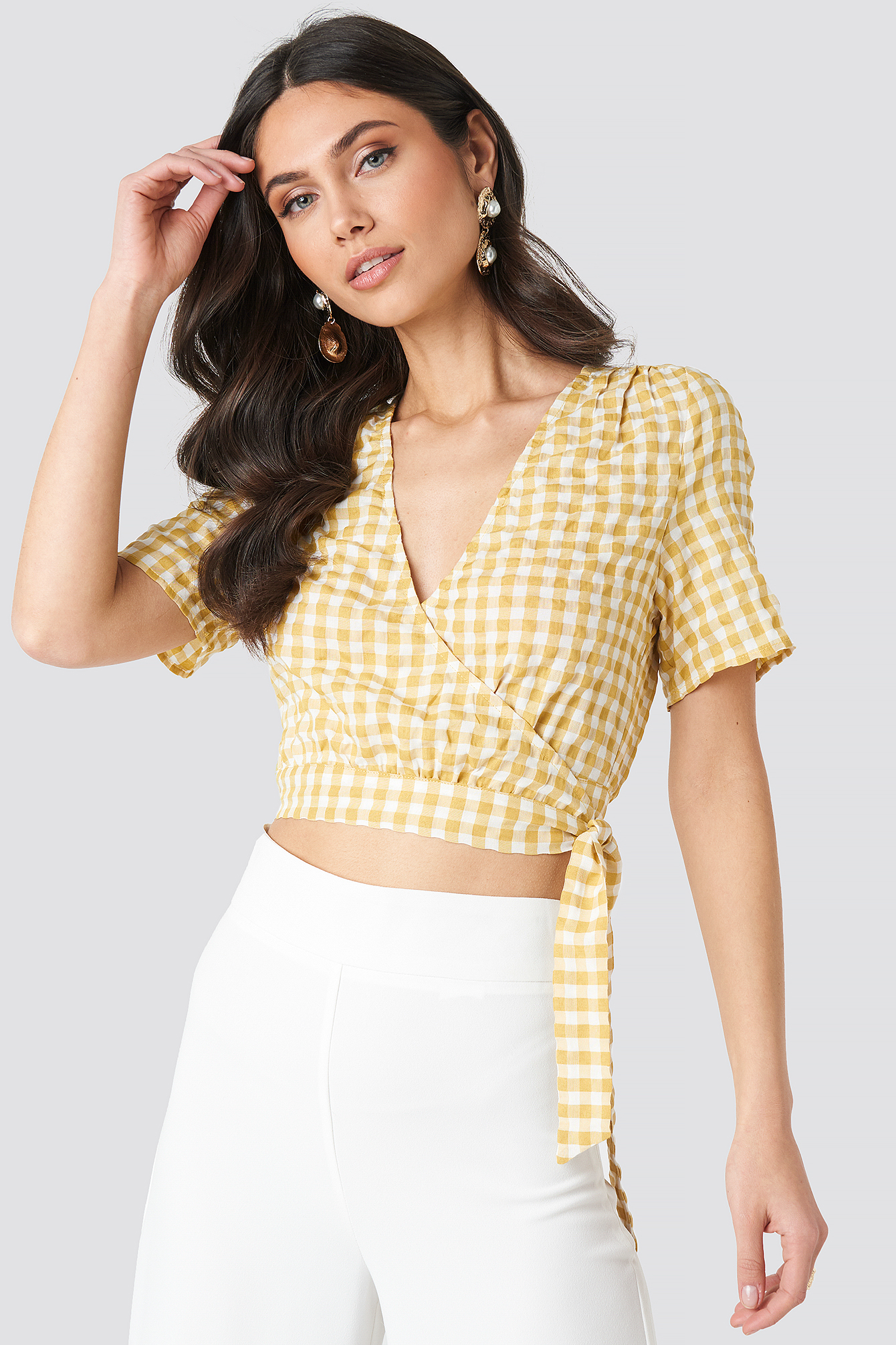 Checked Overlap Blouse Yellow