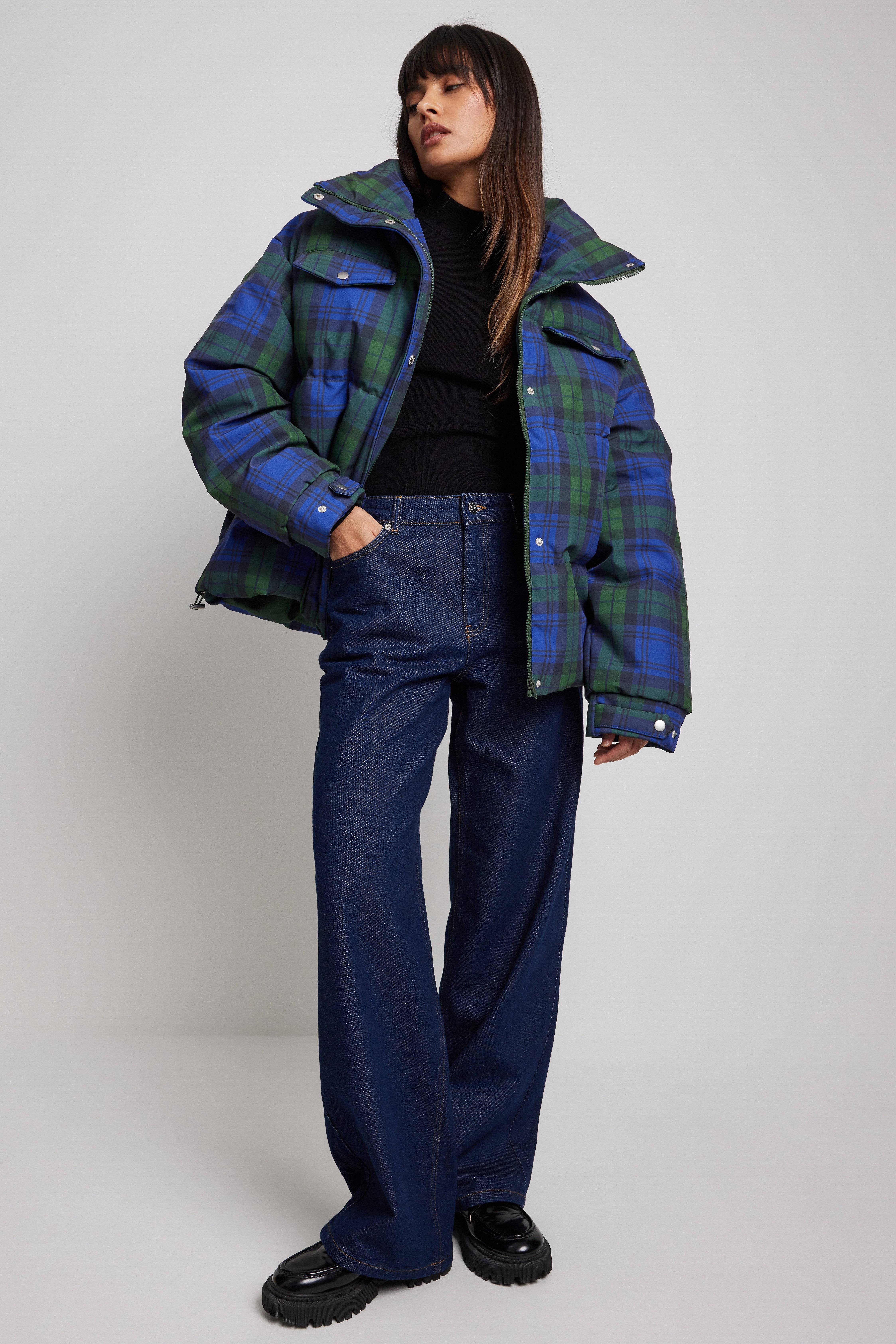 Blue Check Checked Puffer Jacket