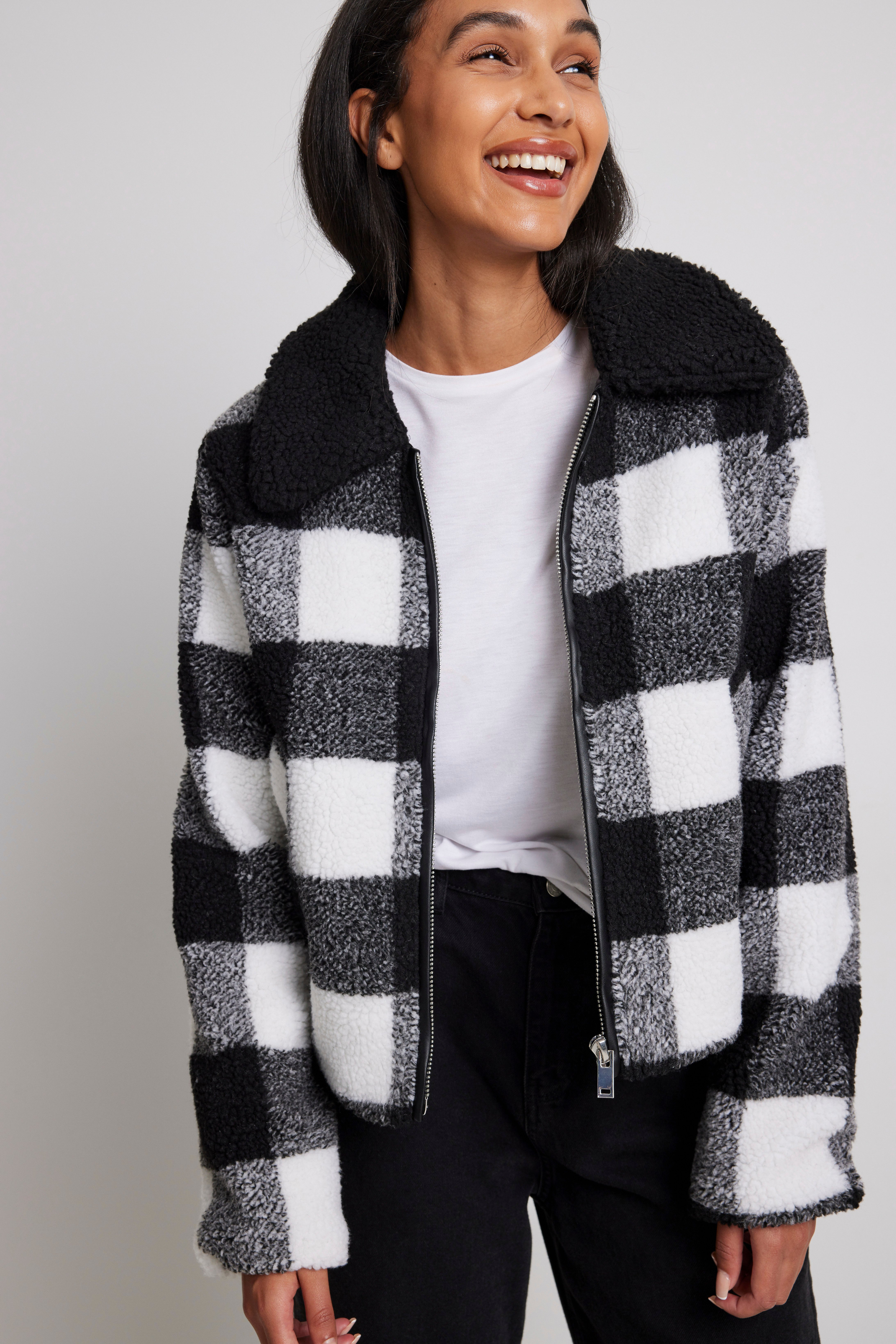 Black/White Recycled Checked Teddy Jacket