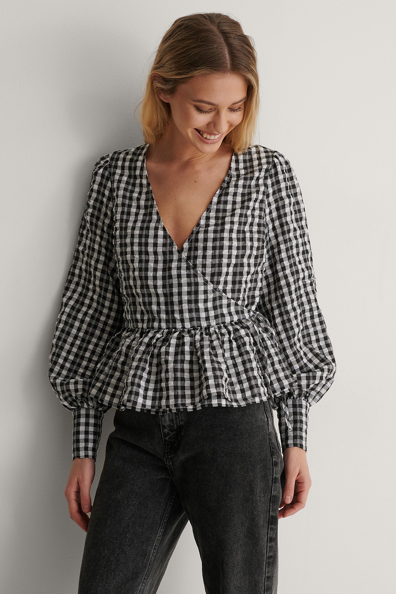 Black Checkered Tie Side Blouse