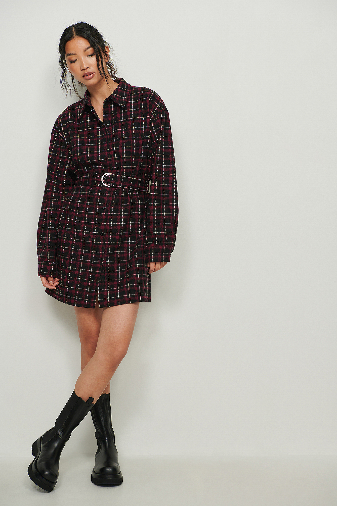 Checked Belted Overshirt Dress 
