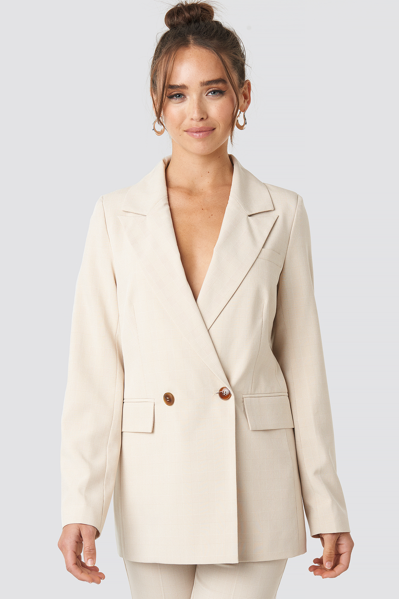 Checkered Double Breasted Blazer Cream