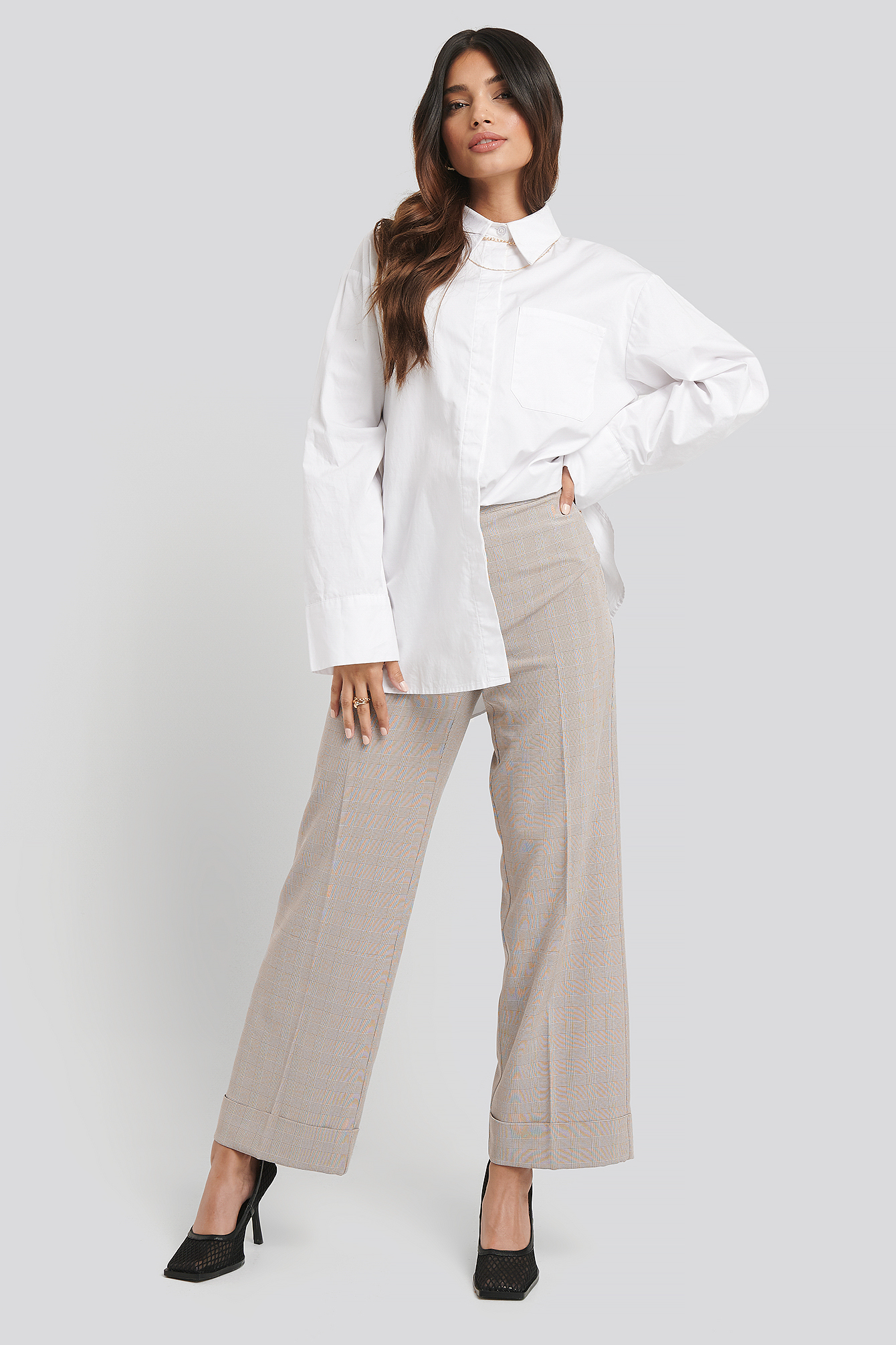 Checkered Folded Wide Suit Pants Beige