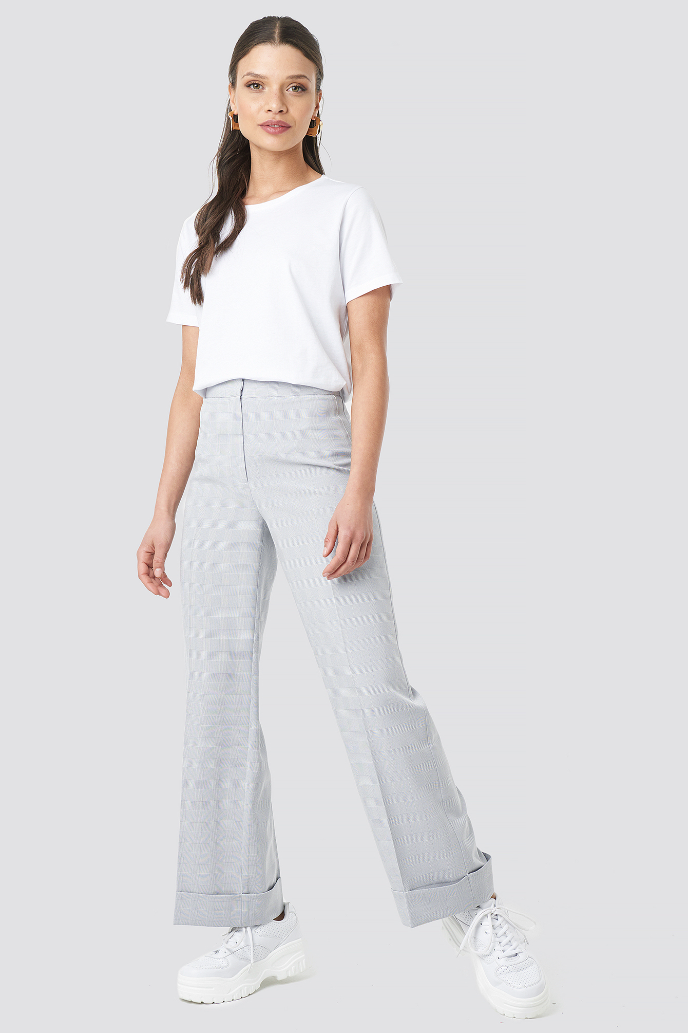 Checkered Folded Wide Suit Pants Light Blue