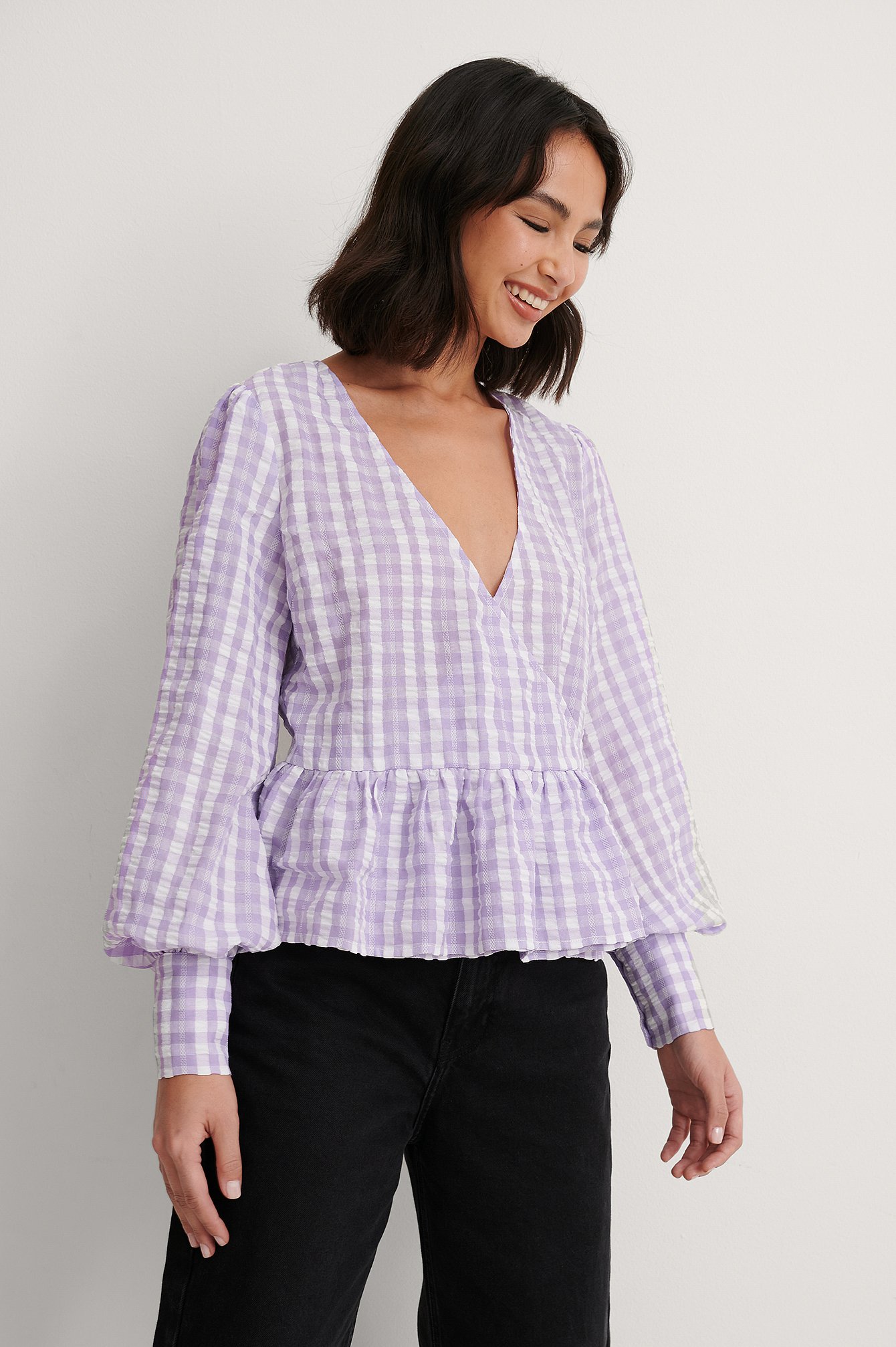 Lilac Checkered Tie Side Blouse