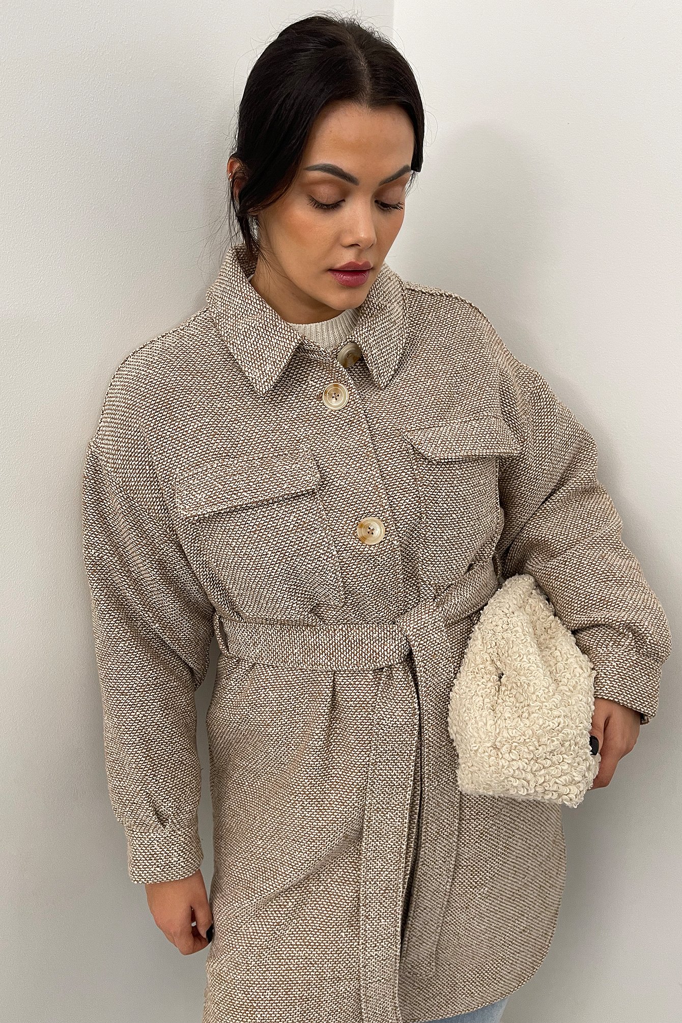Beige/White Recycled Chest Pocket Long Overshirt